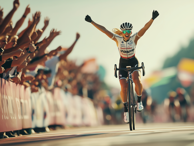 a woman riding a bike with a giant logo on her shirt