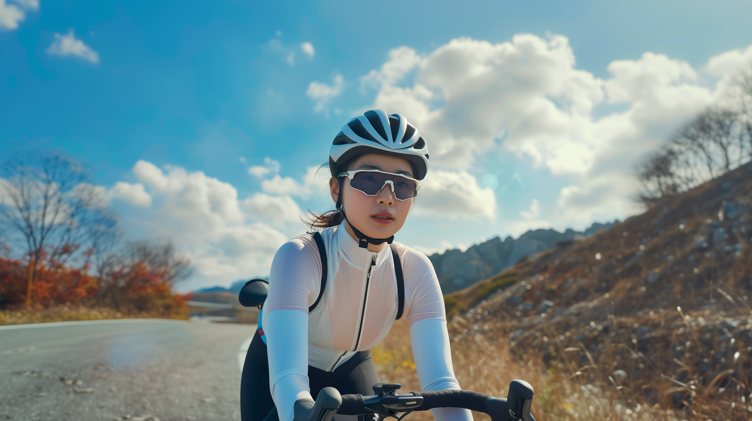 a woman wearing a helmet and sunglasses rides a bike down a road