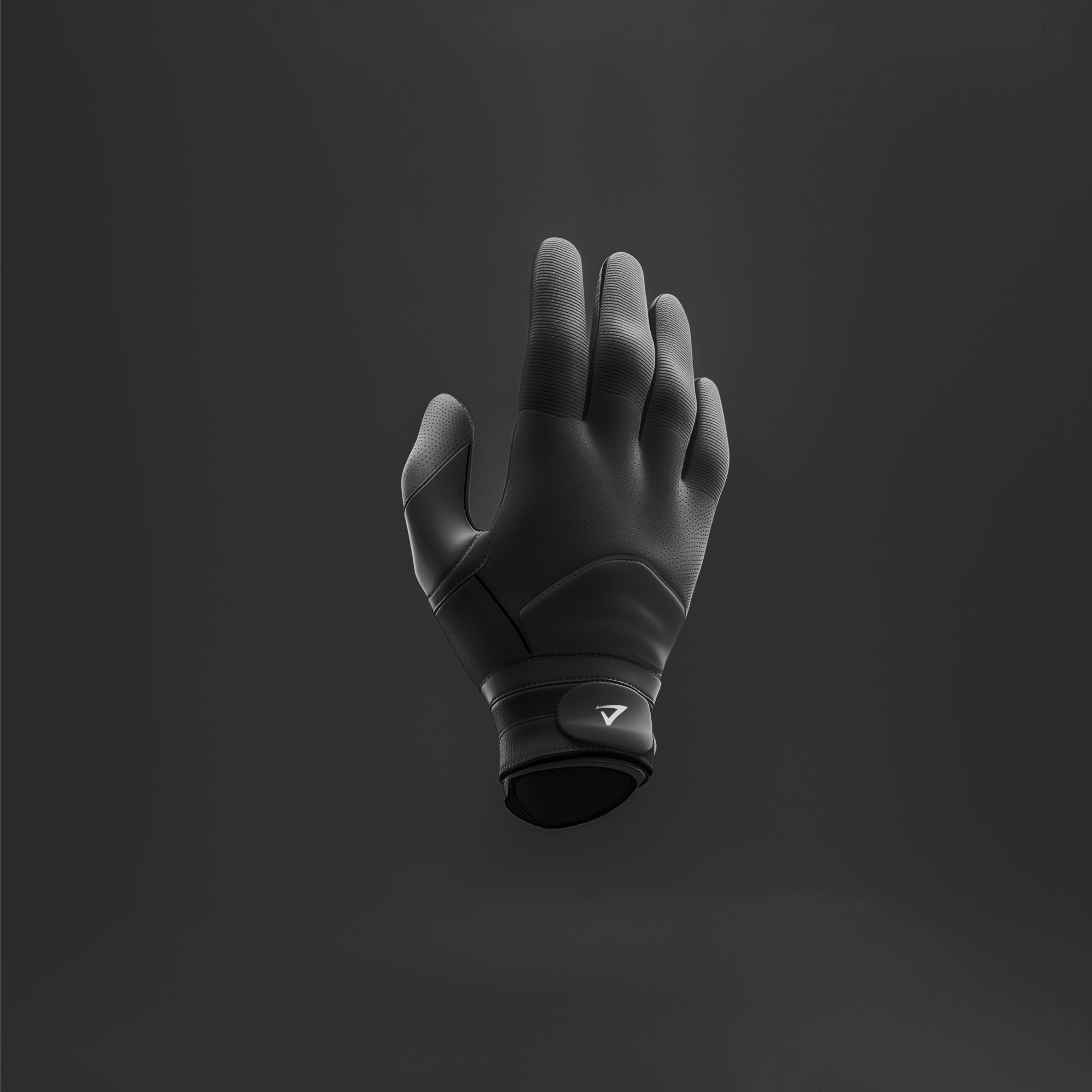 a black glove with the letter v on it