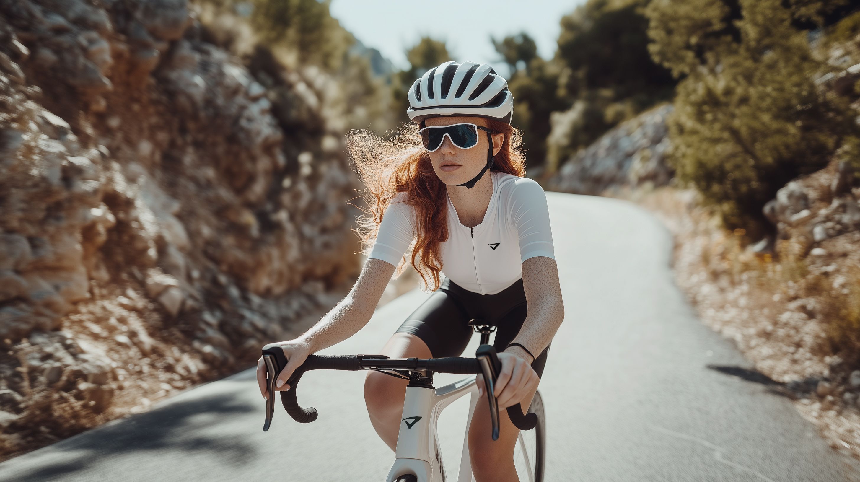 a woman wearing a helmet and sunglasses is riding a bike down a road .