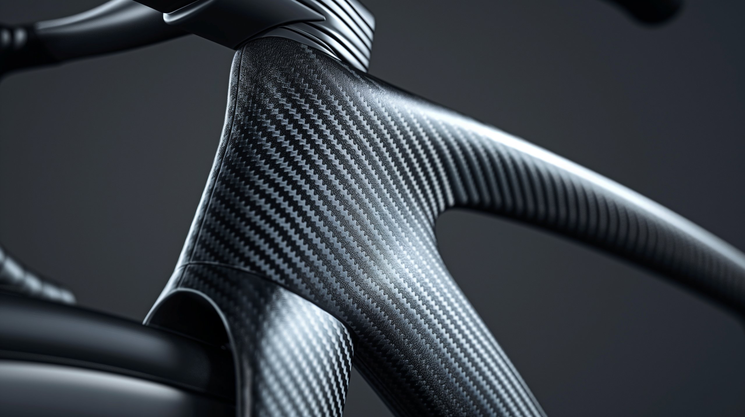 a close up of a carbon fiber bicycle frame on a black background .