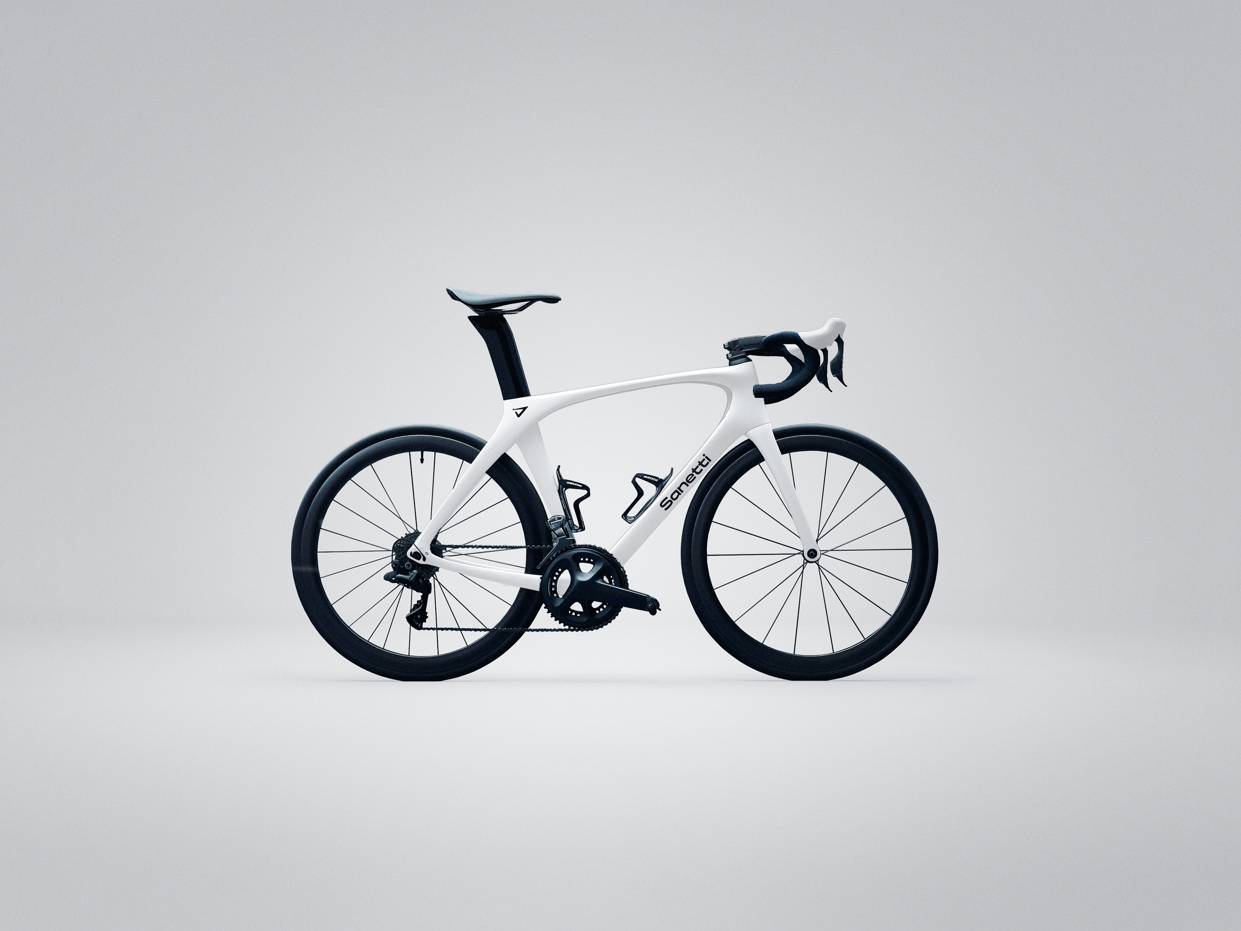 a white bicycle with a bottle holder on the front