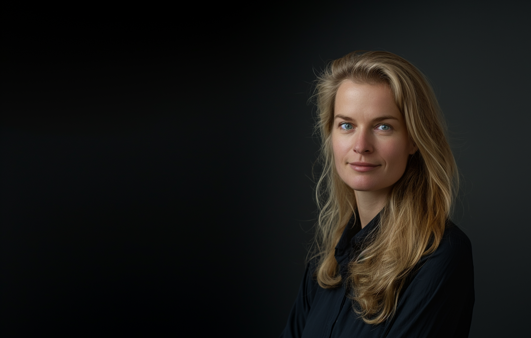a woman with long blonde hair is wearing a black shirt