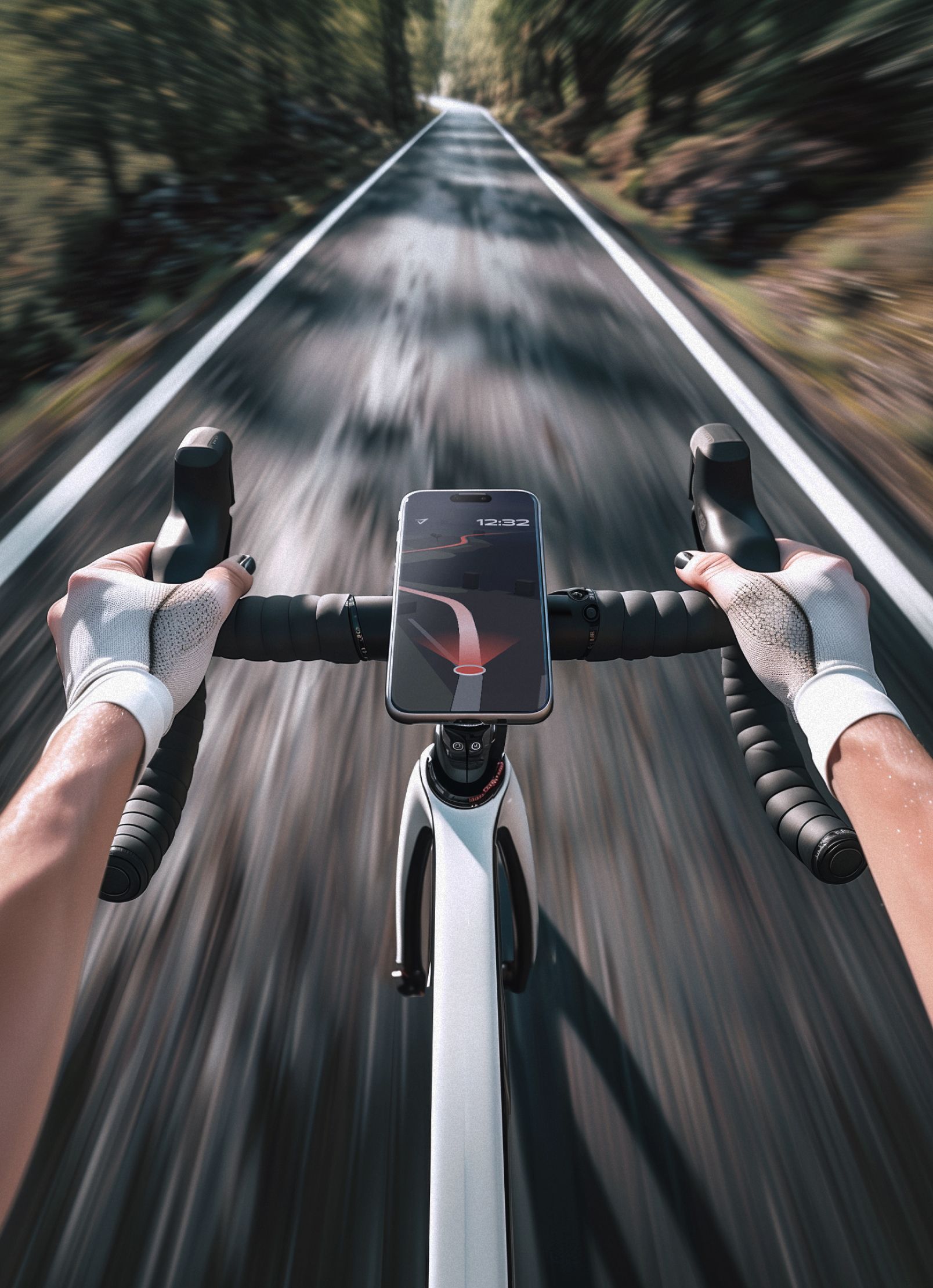 a person riding a bike with a phone on the handlebars
