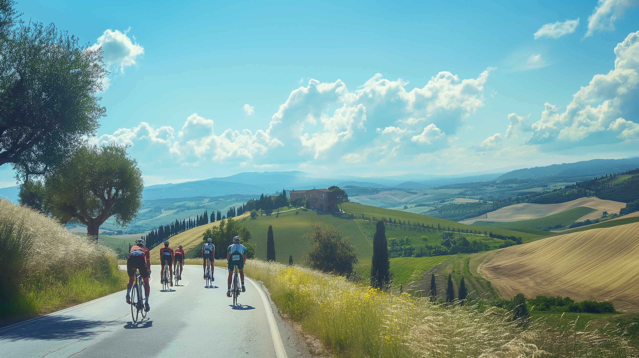 a group of cyclists are riding down a country road