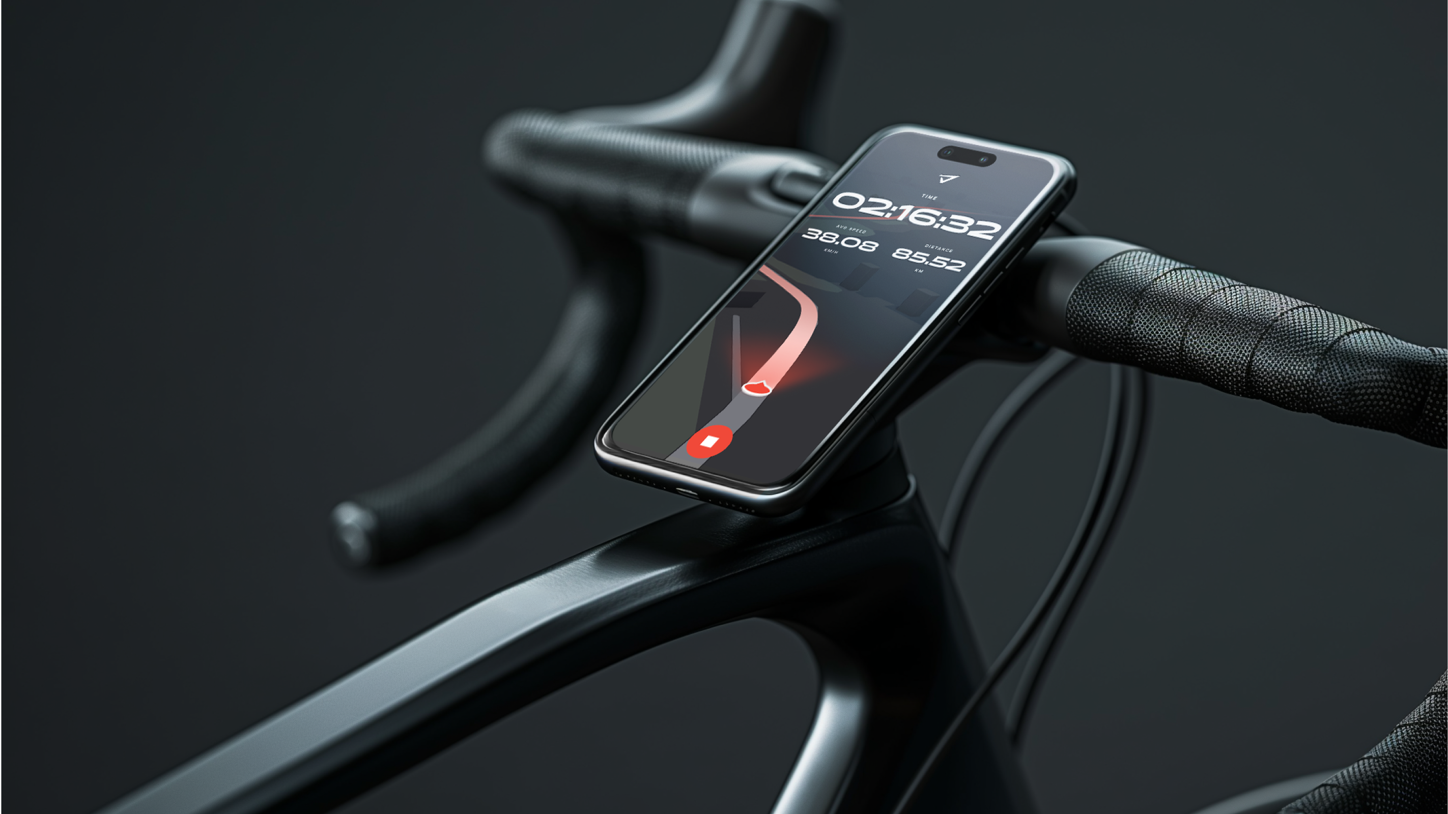 a bicycle with a cell phone displaying 02:16:32