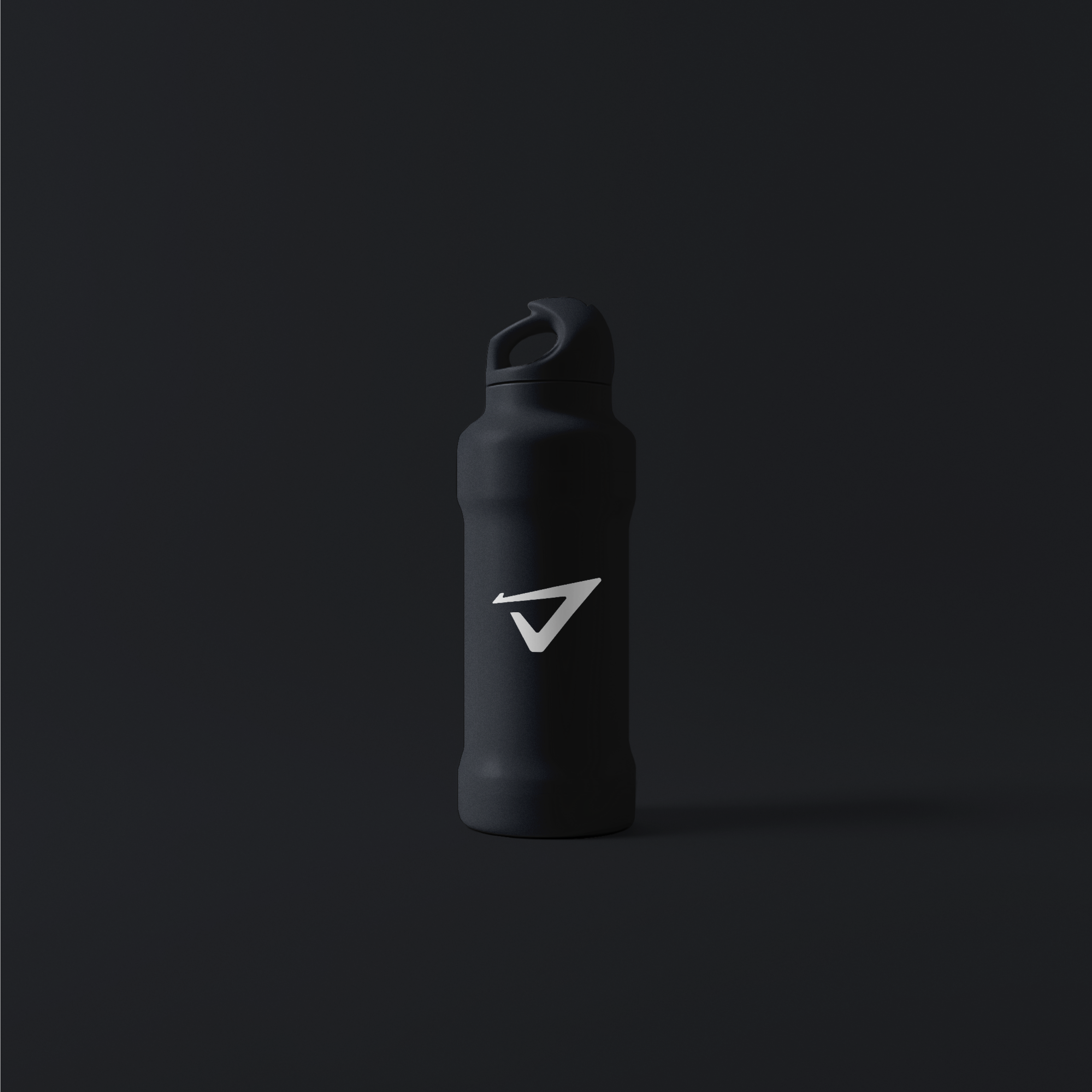 a black water bottle with the letter v on it