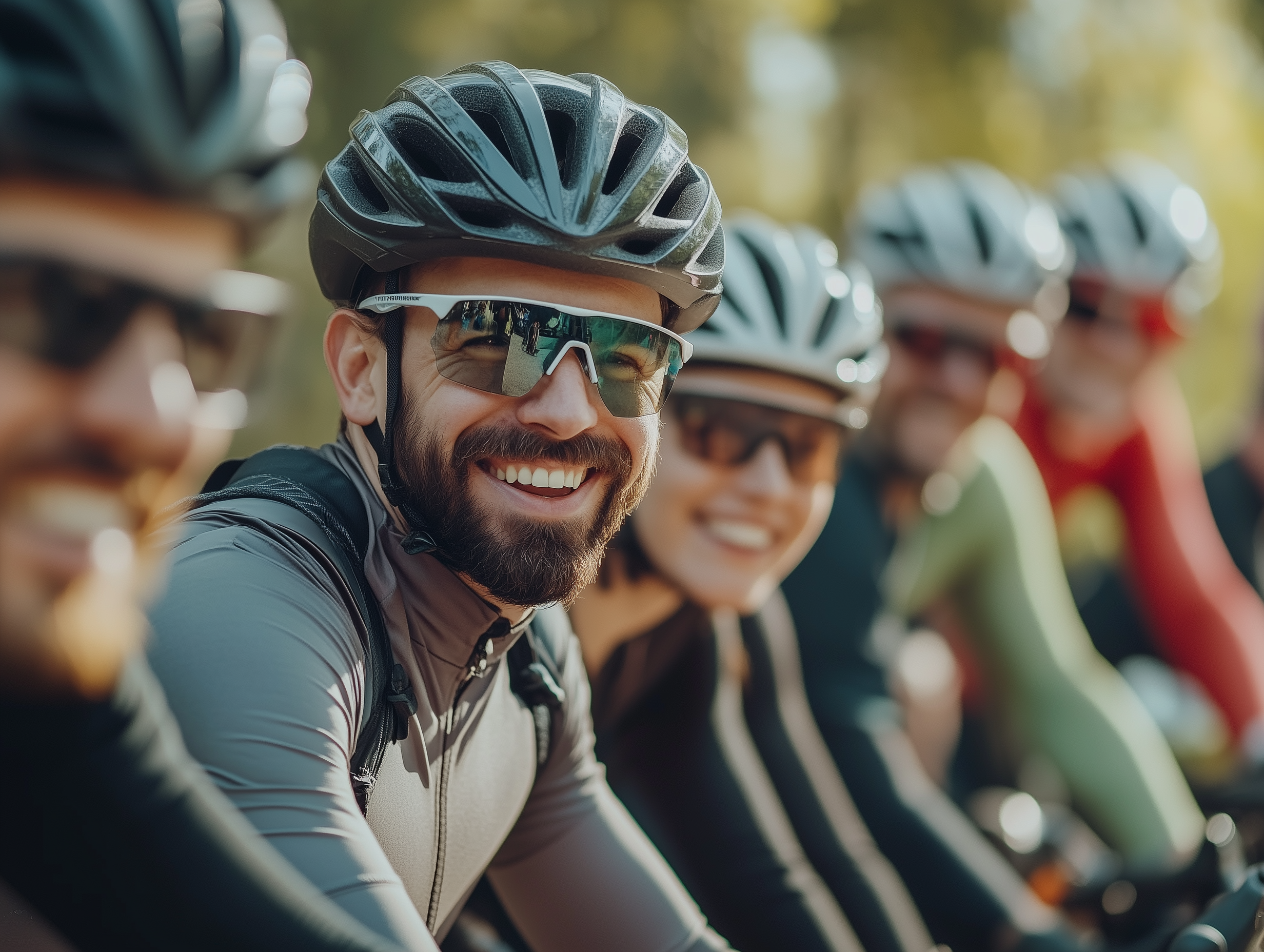 a group of cyclists wearing helmets and sunglasses are smiling