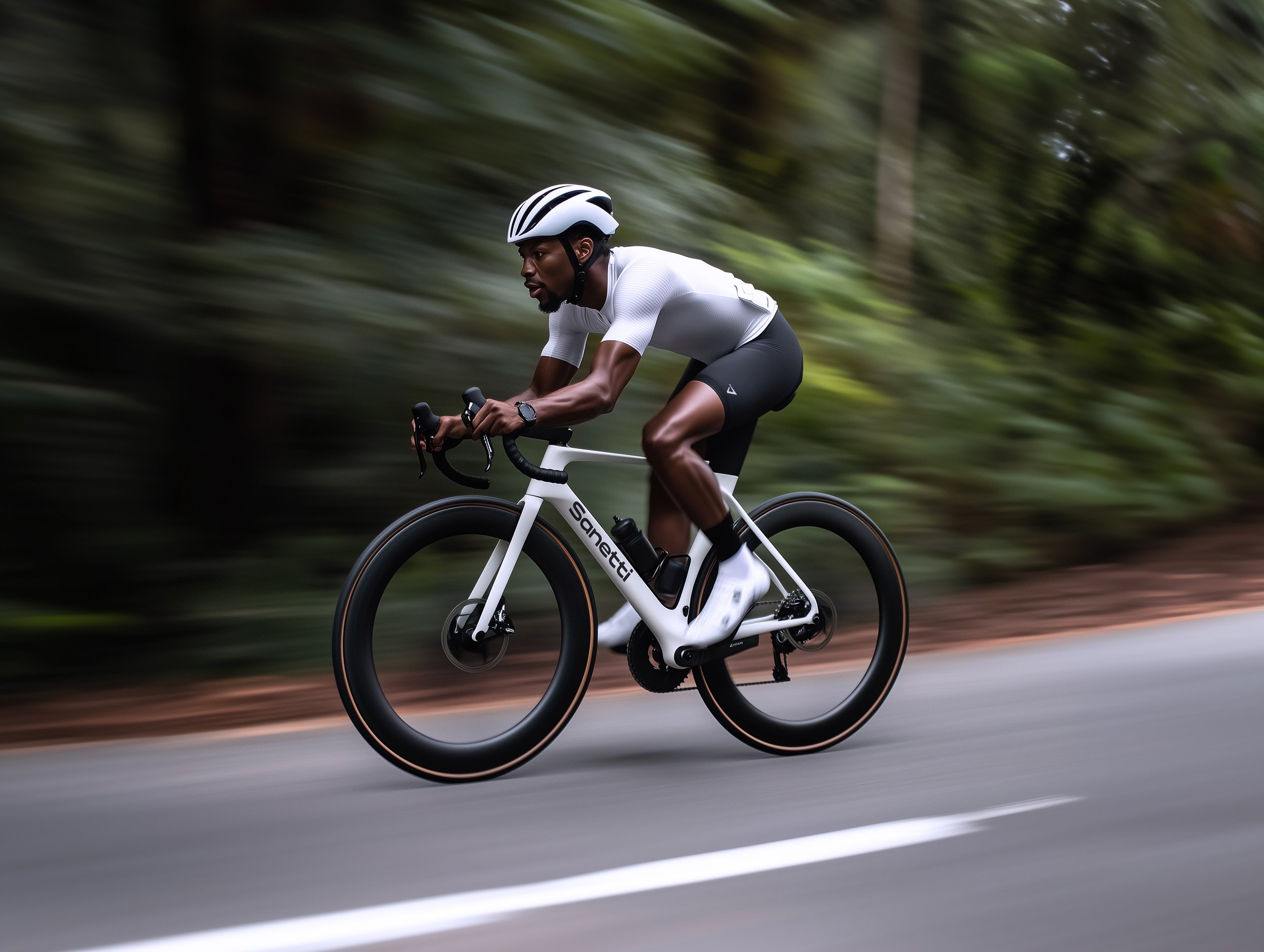 a man is riding a bicycle down a road .