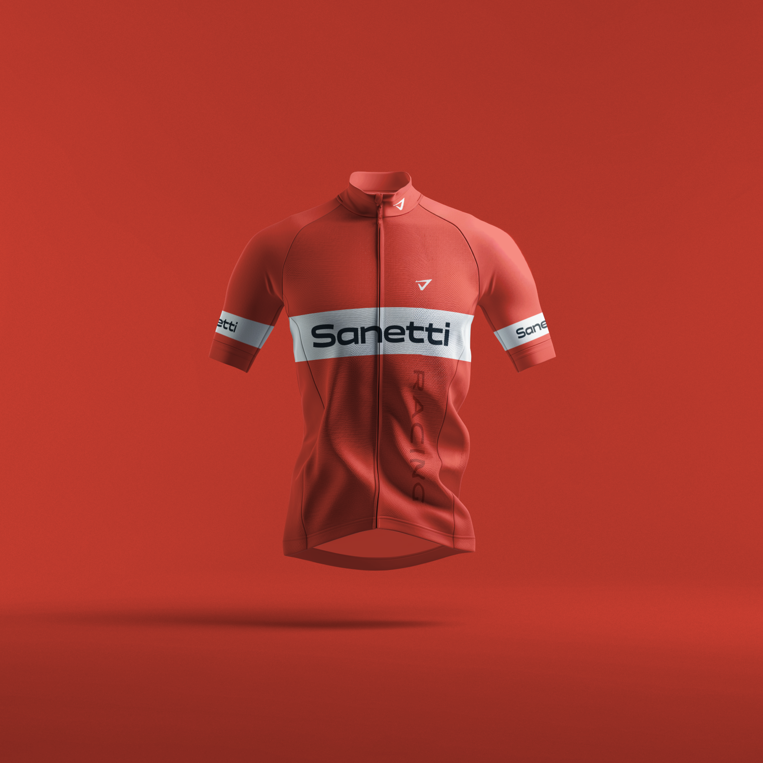 a red cycling jersey is floating in the air on a red background .