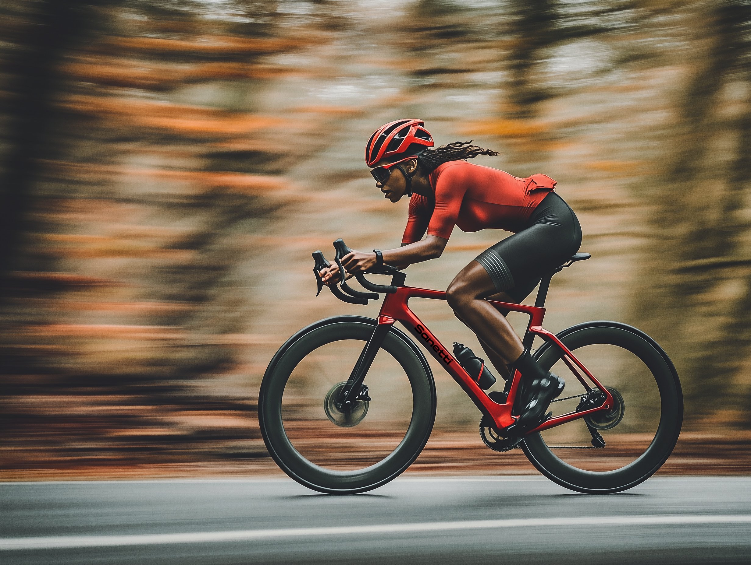 a man is riding a red bicycle down a road .