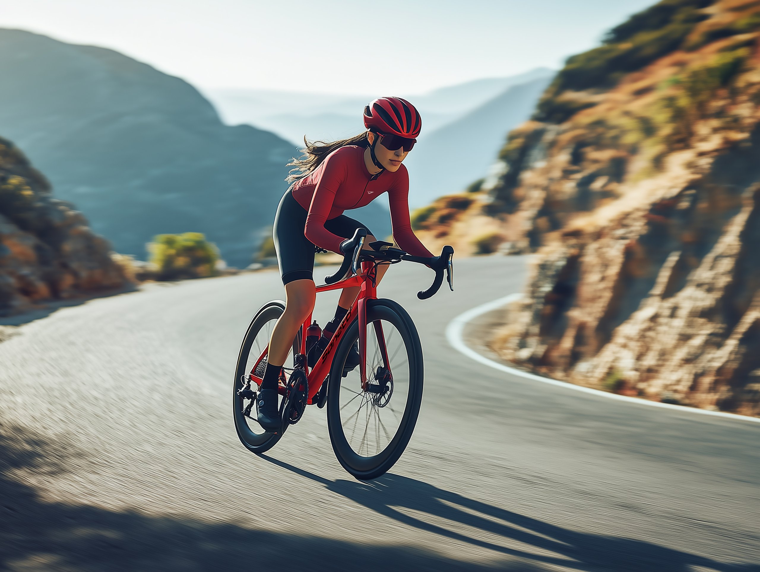 a woman is riding a bicycle down a mountain road .