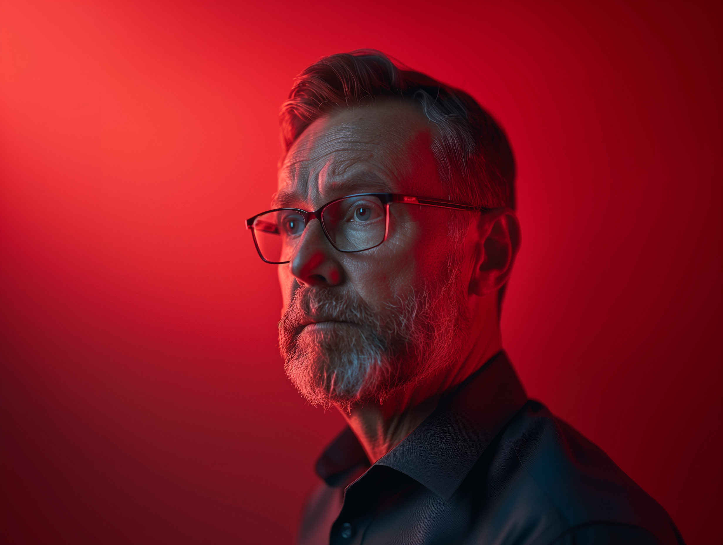 a man with glasses and a beard looks at the camera