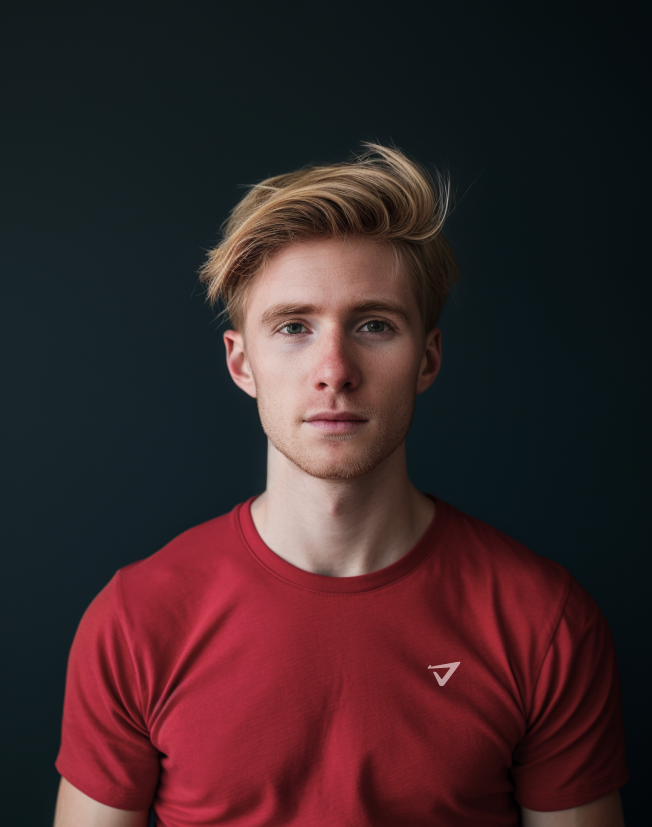 a man wearing a red t-shirt with an arrow on it