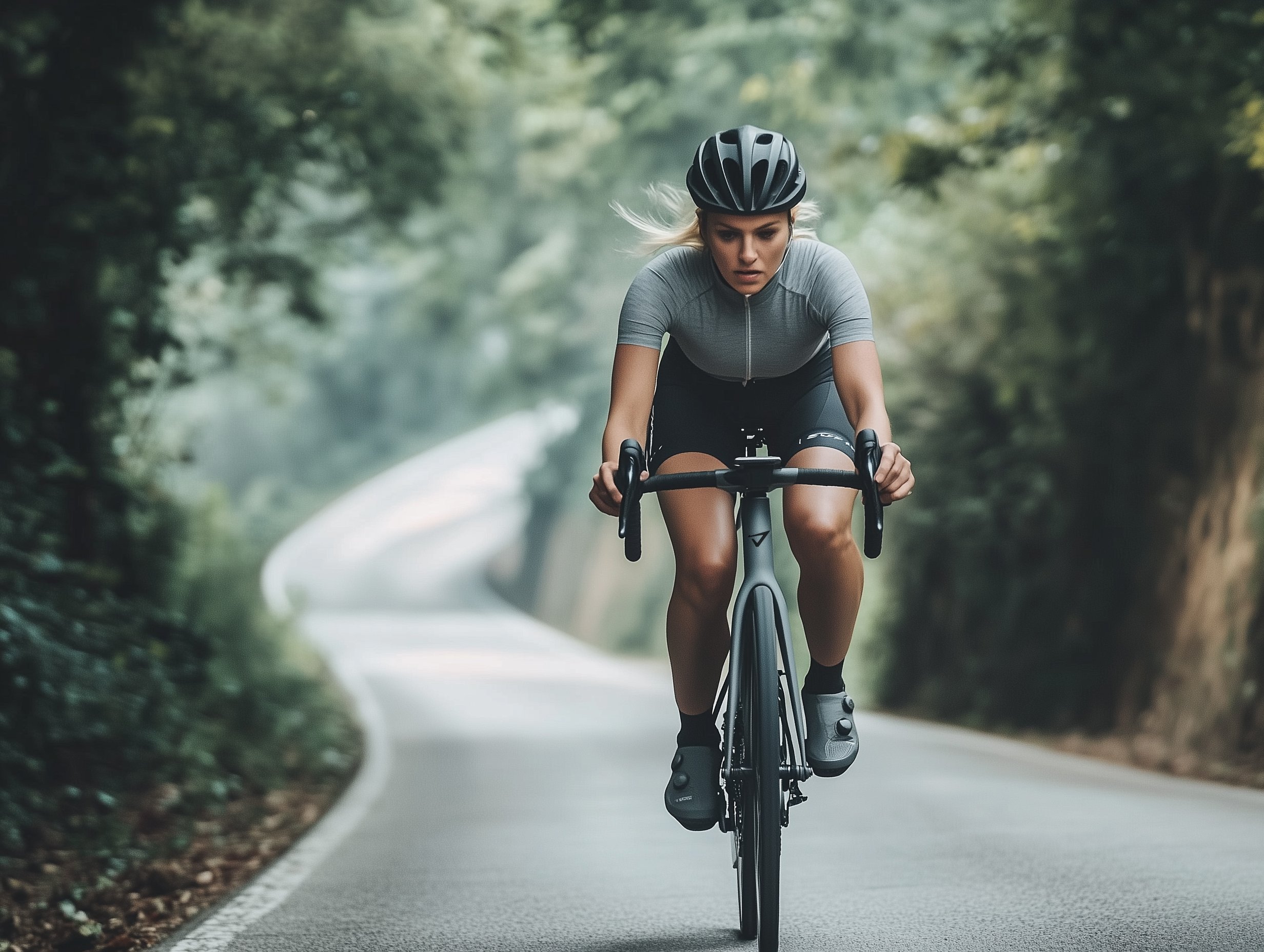 a woman is riding a bicycle down a road .