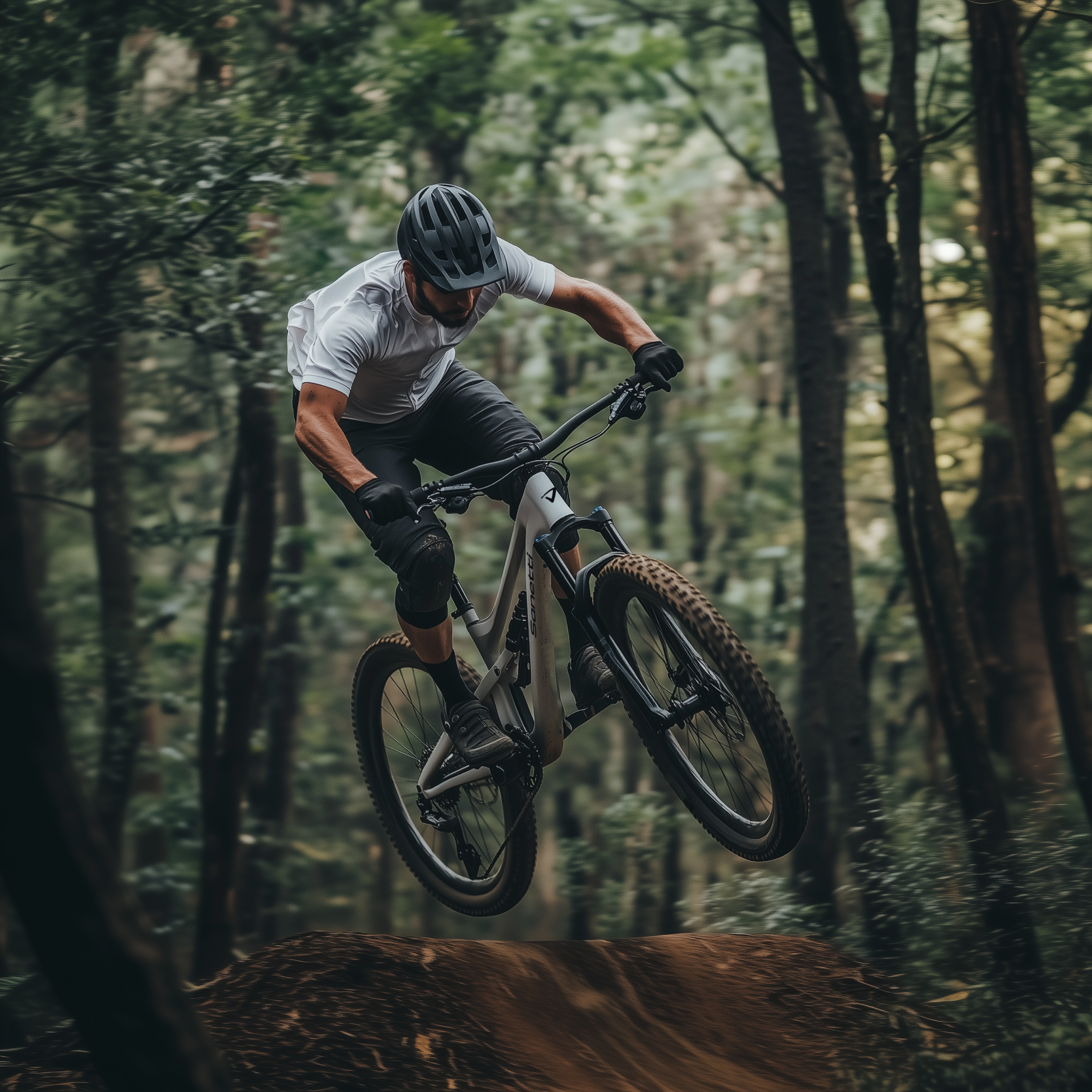 a man wearing a helmet is riding a bike in the woods