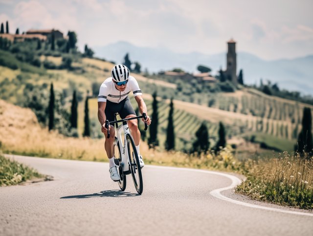 a man is riding a bicycle down a country road .