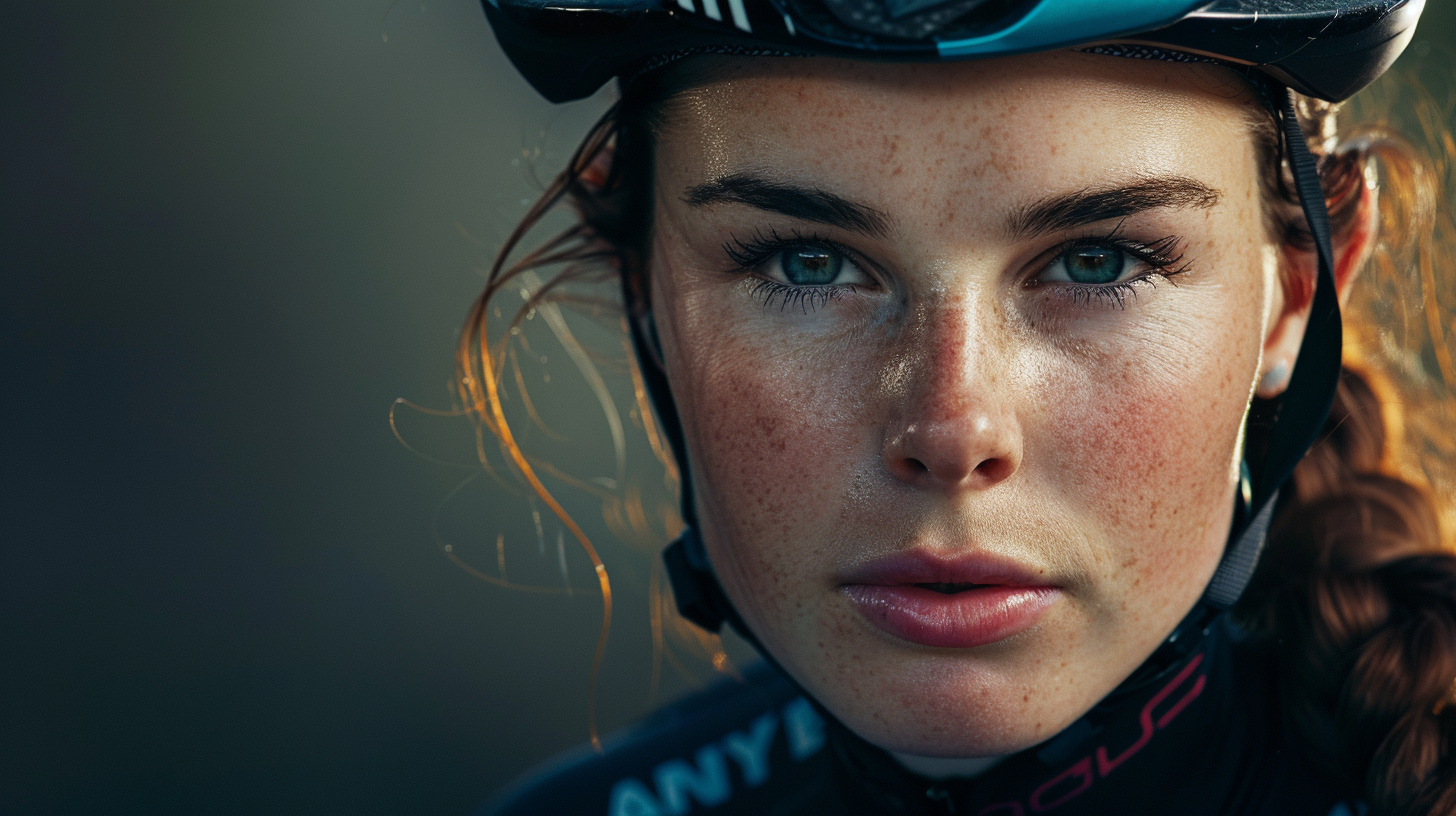 a close up of a woman wearing a helmet and a shirt that says any