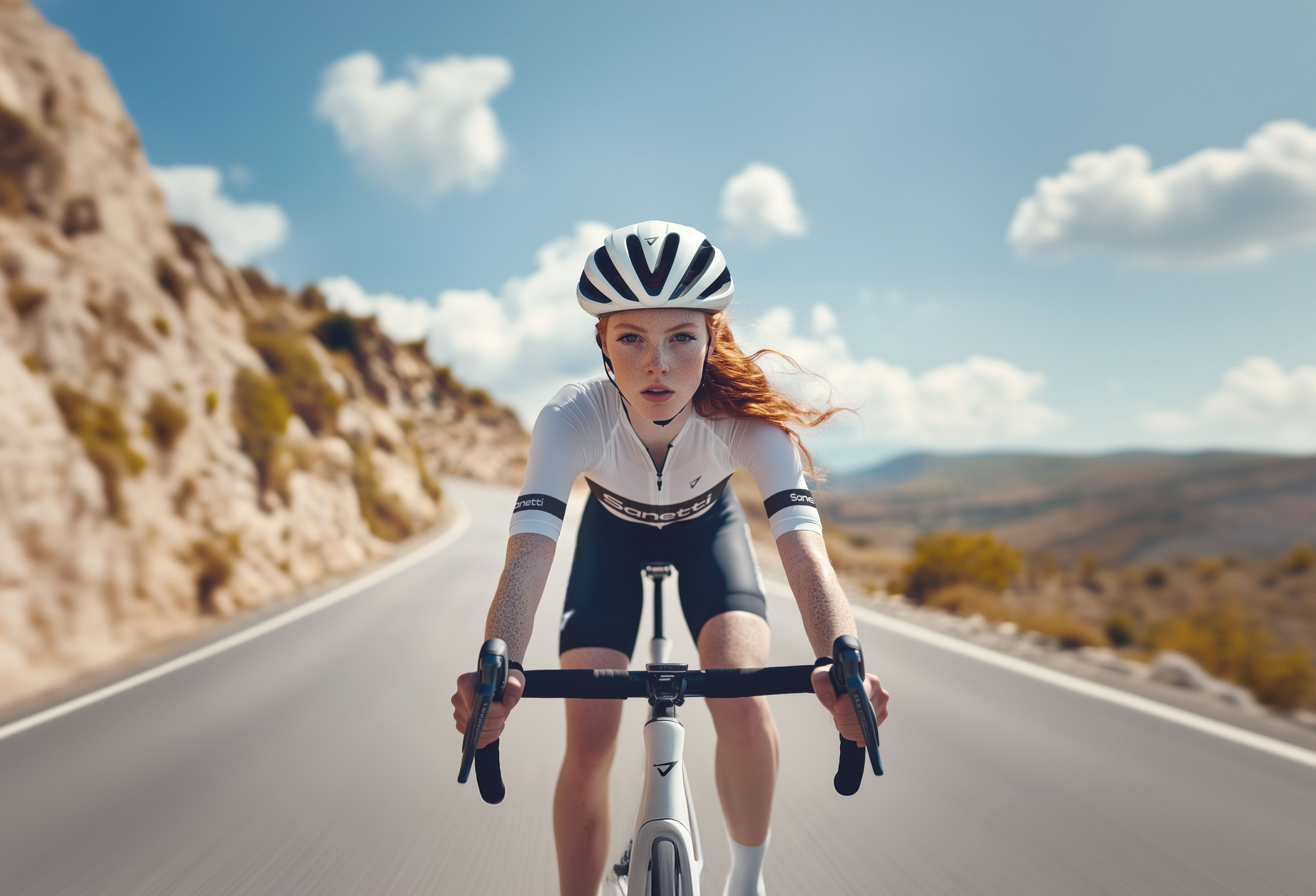 a woman is riding a bicycle down a road .