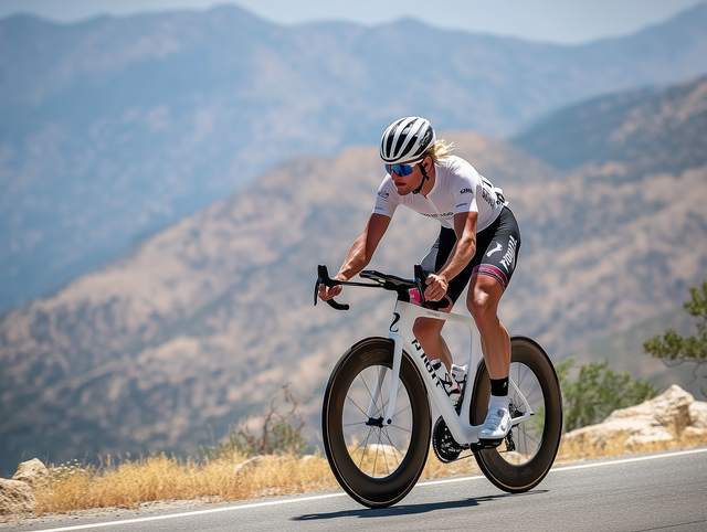 a woman riding a bike with the number 7 on her shorts