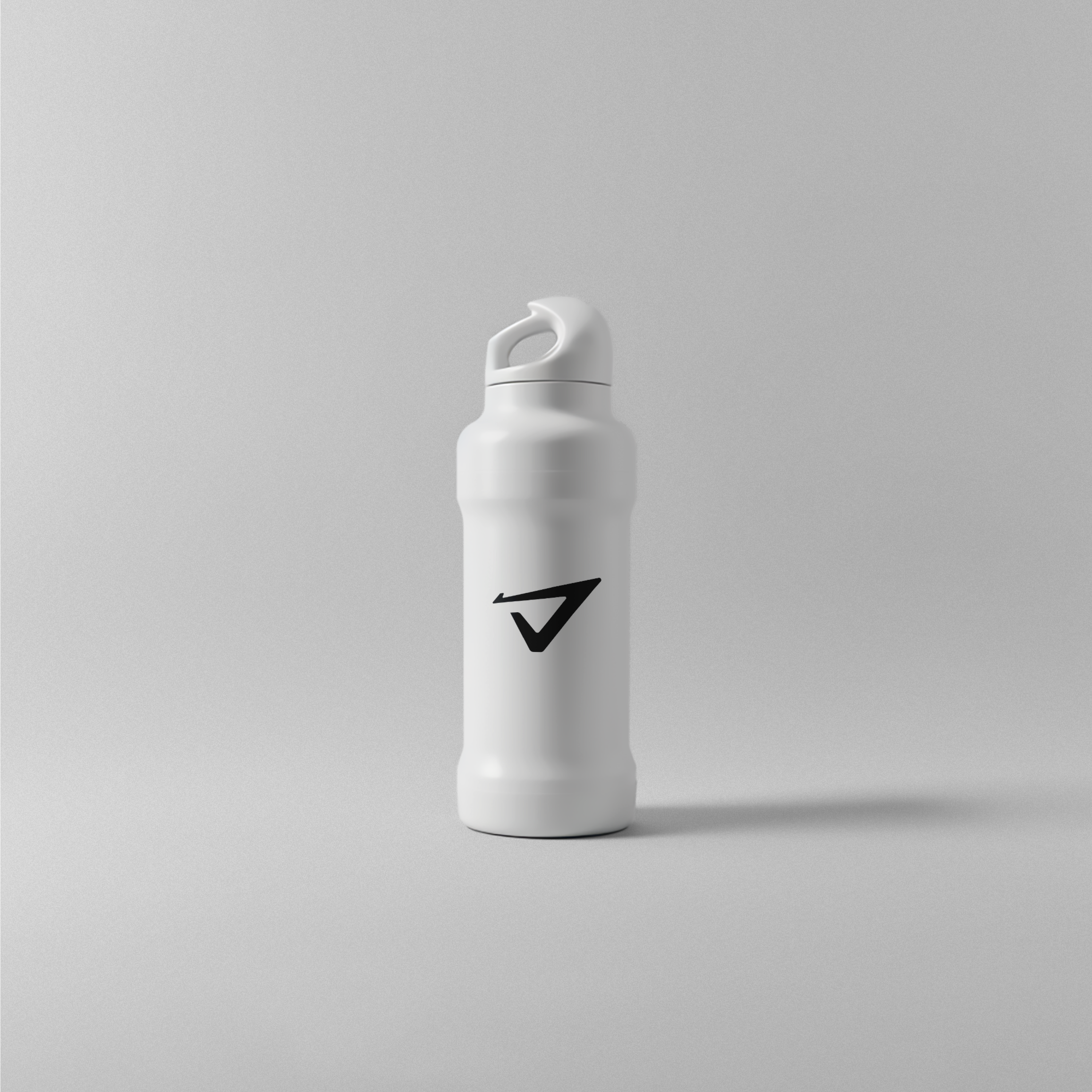 a white water bottle with the letter v on it