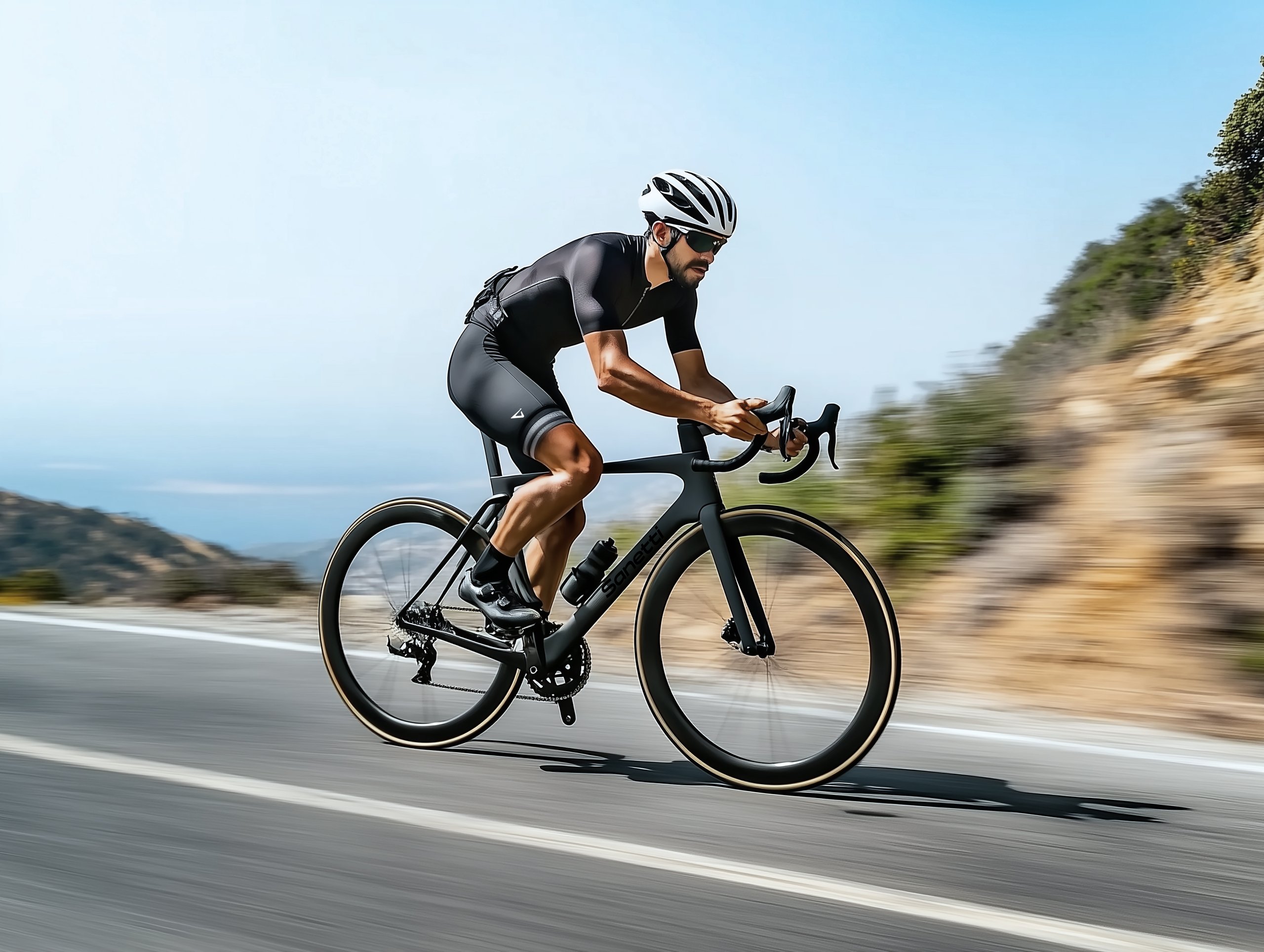 a man is riding a bicycle down a road .