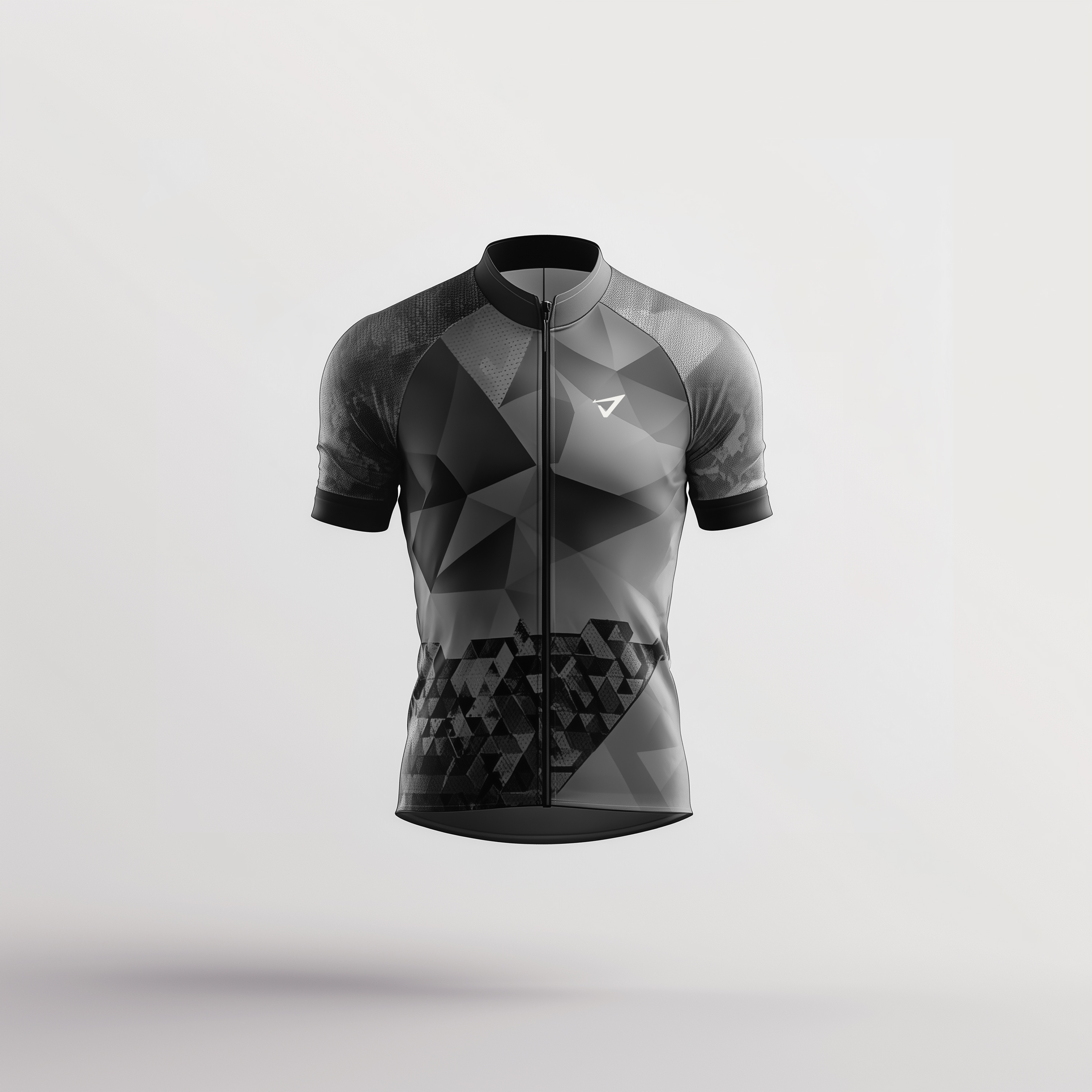 a grey shirt with a geometric pattern and the letter v on the front