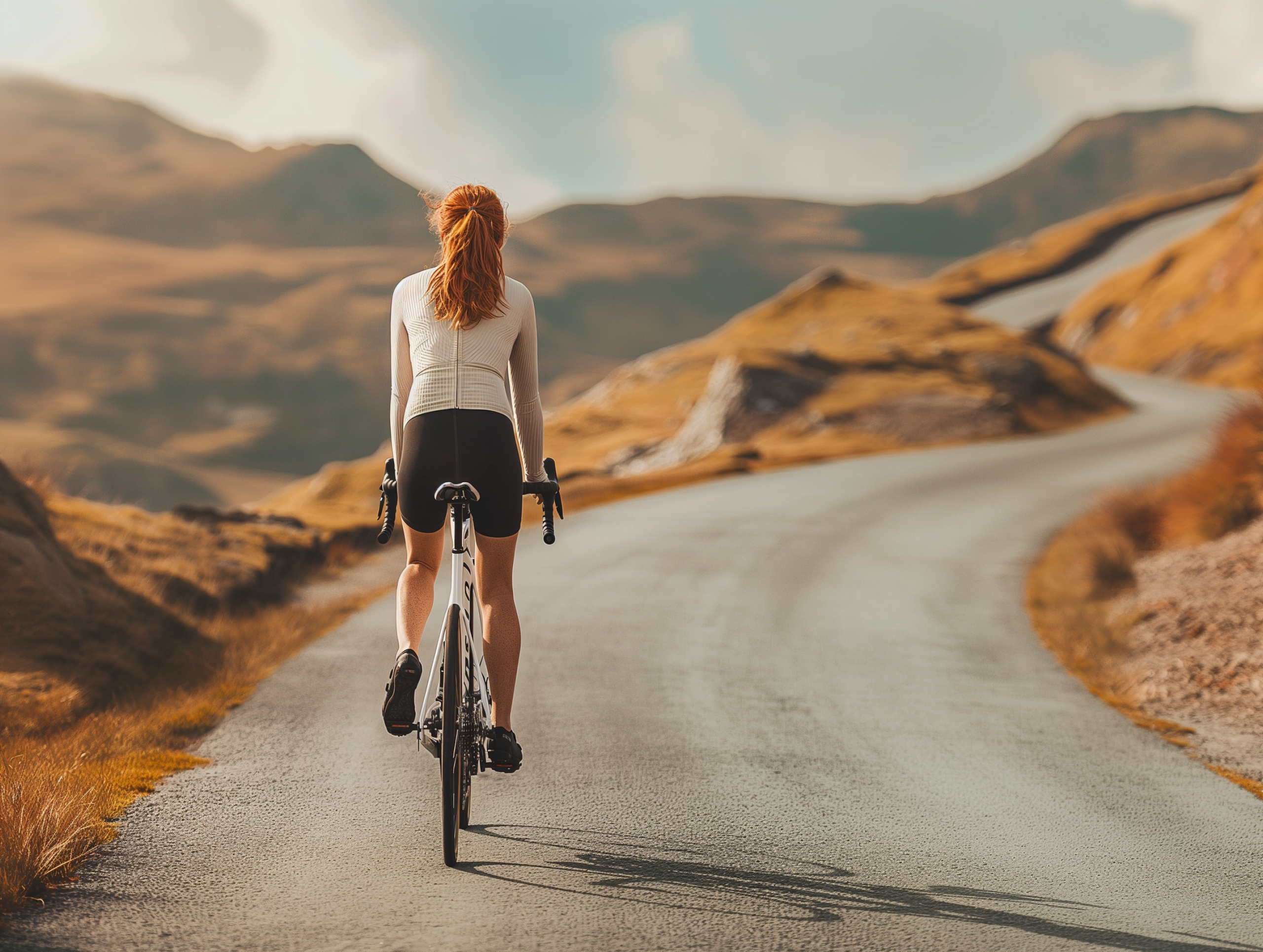 a woman riding a bike down a road with mountains in the background