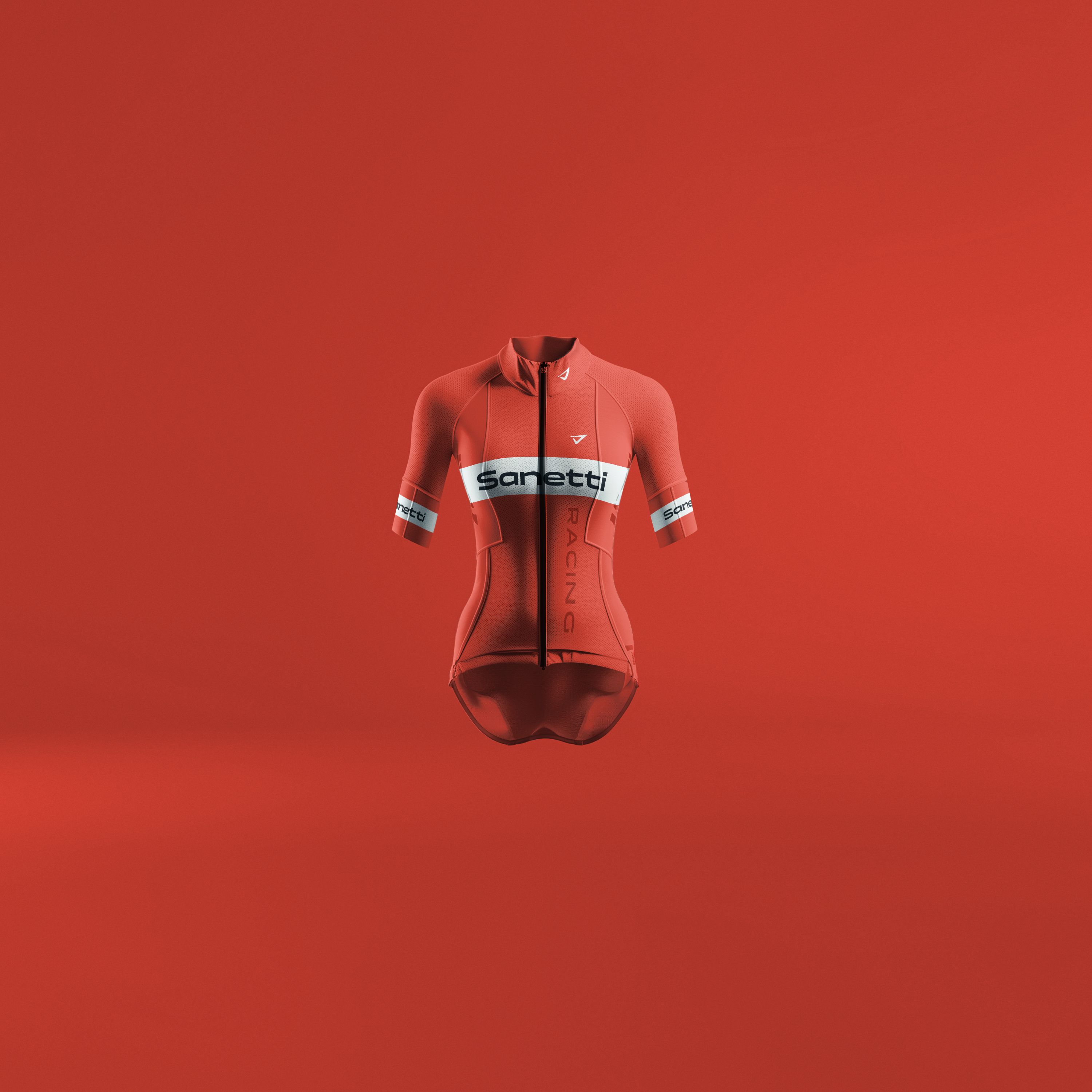 a red cycling jersey is on a mannequin on a red background .