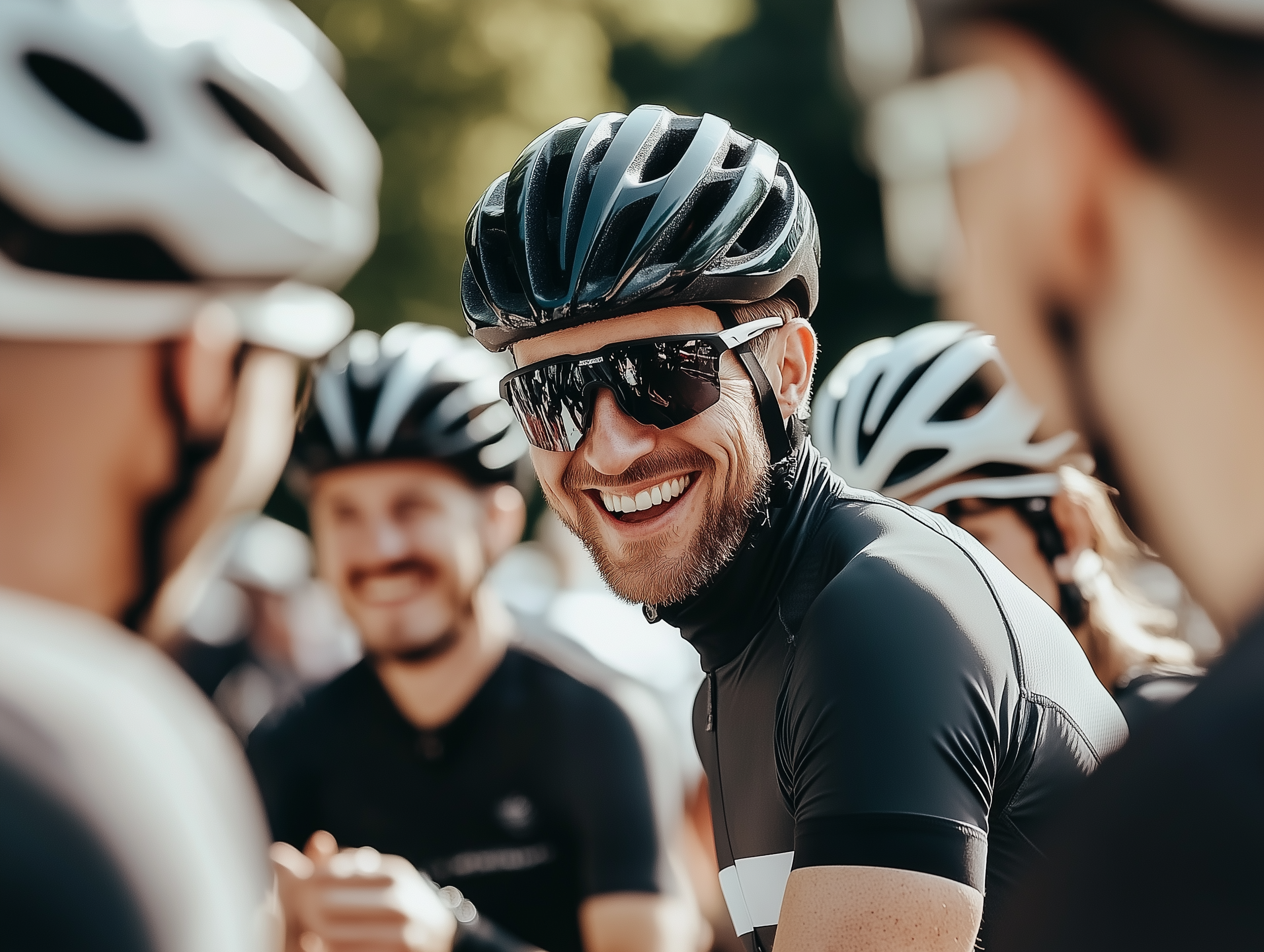 a man wearing a helmet and sunglasses is smiling