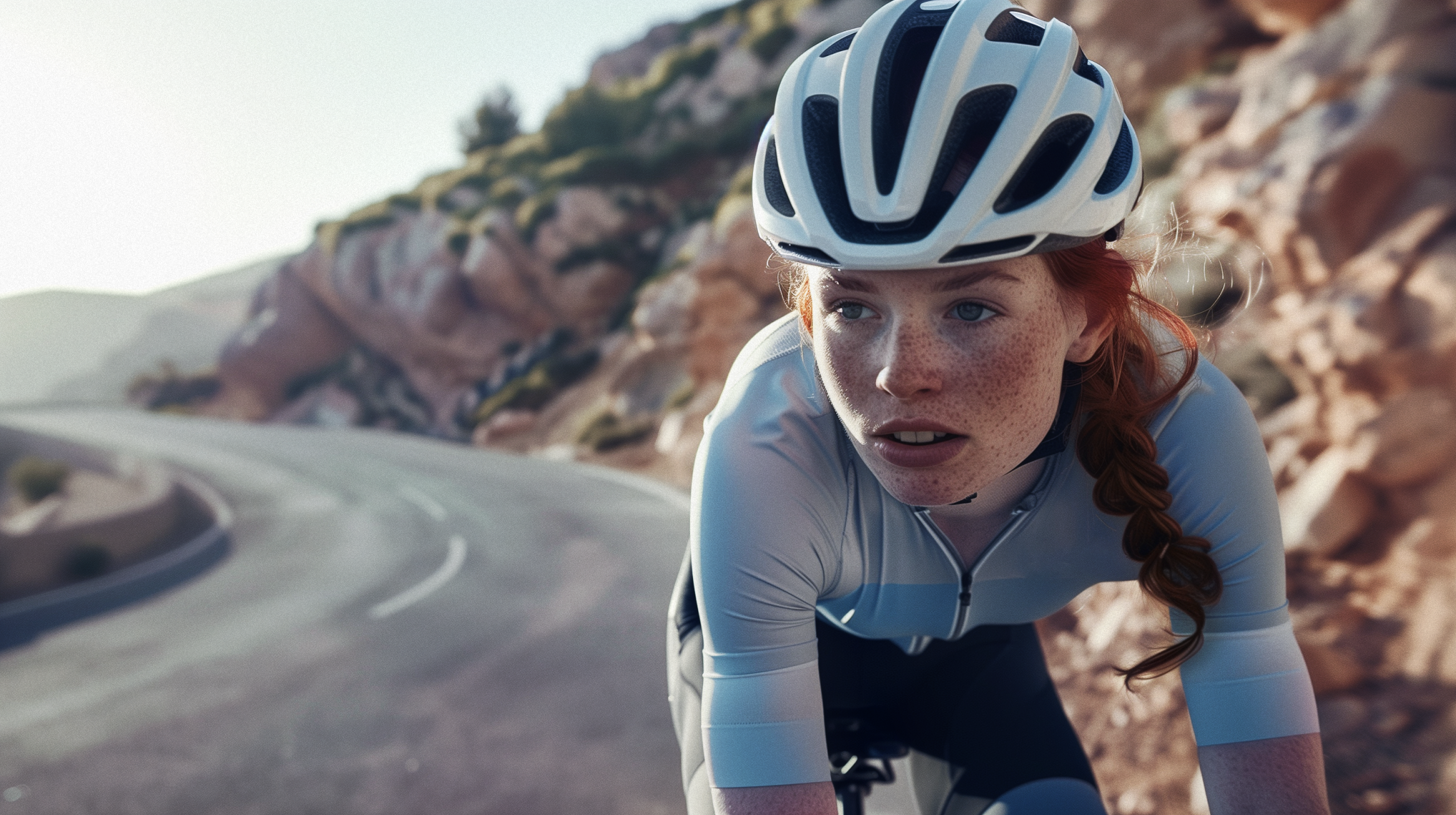 a woman wearing a white helmet with the letter v on it