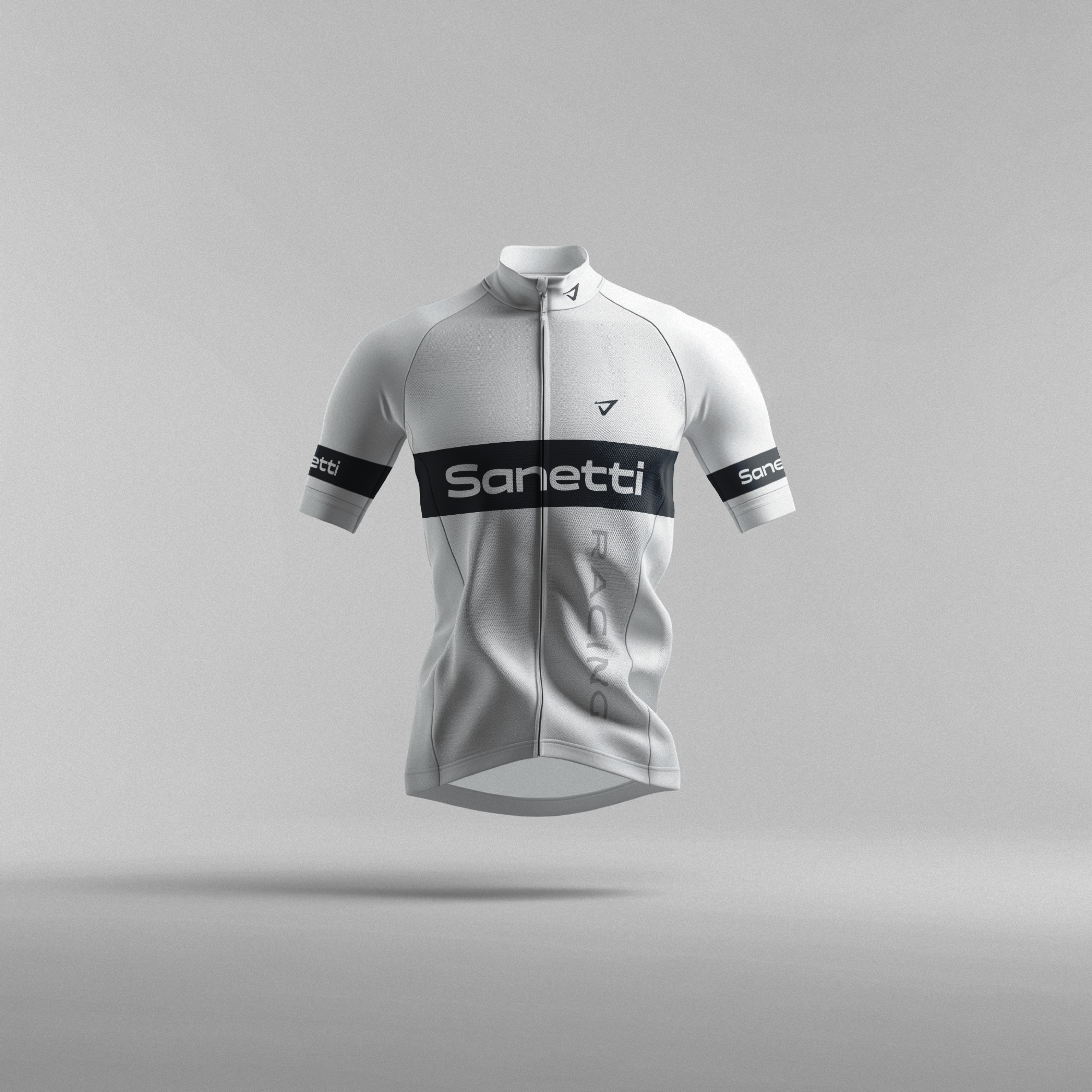 a white cycling jersey is floating in the air on a white background .