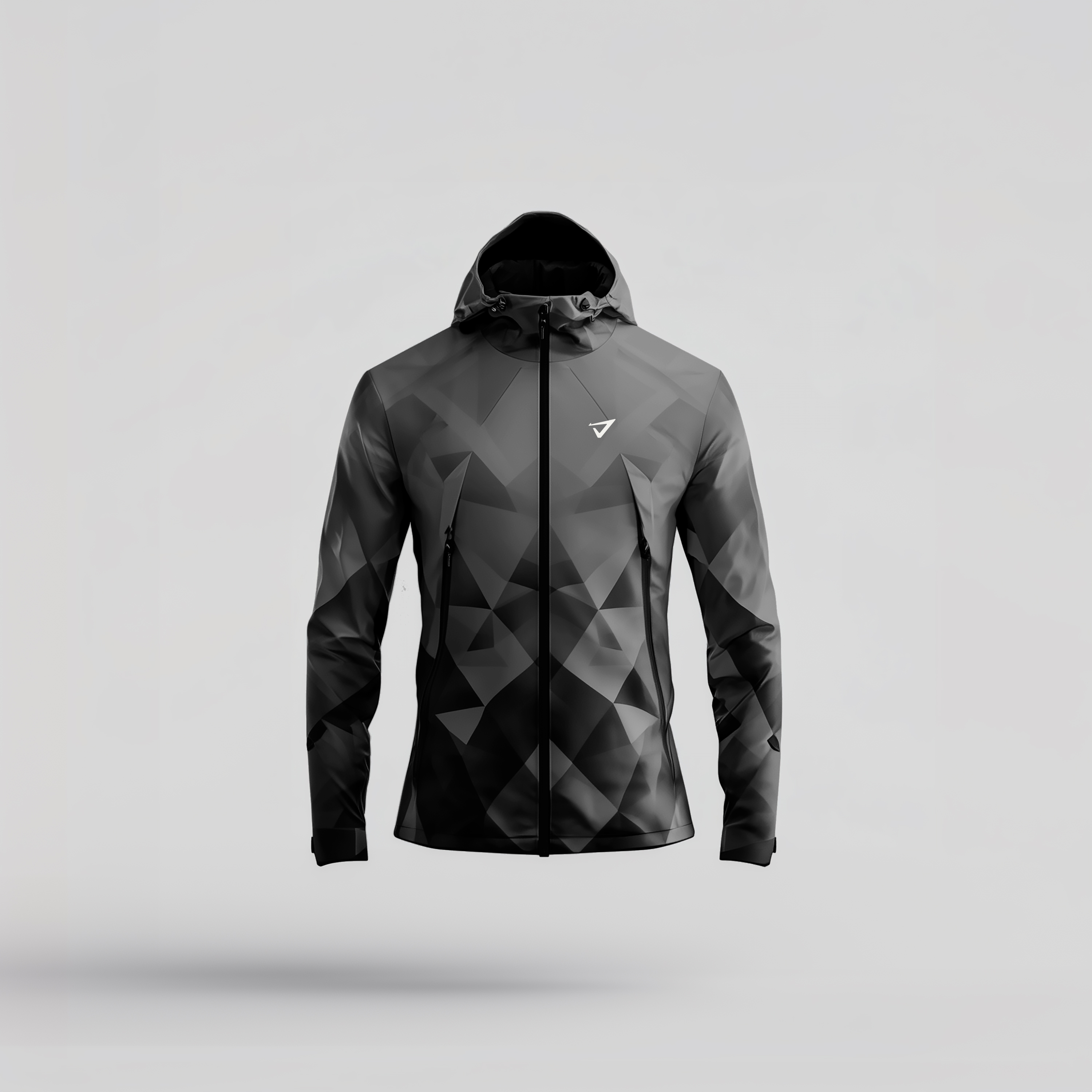 a black and white jacket with a geometric pattern on it