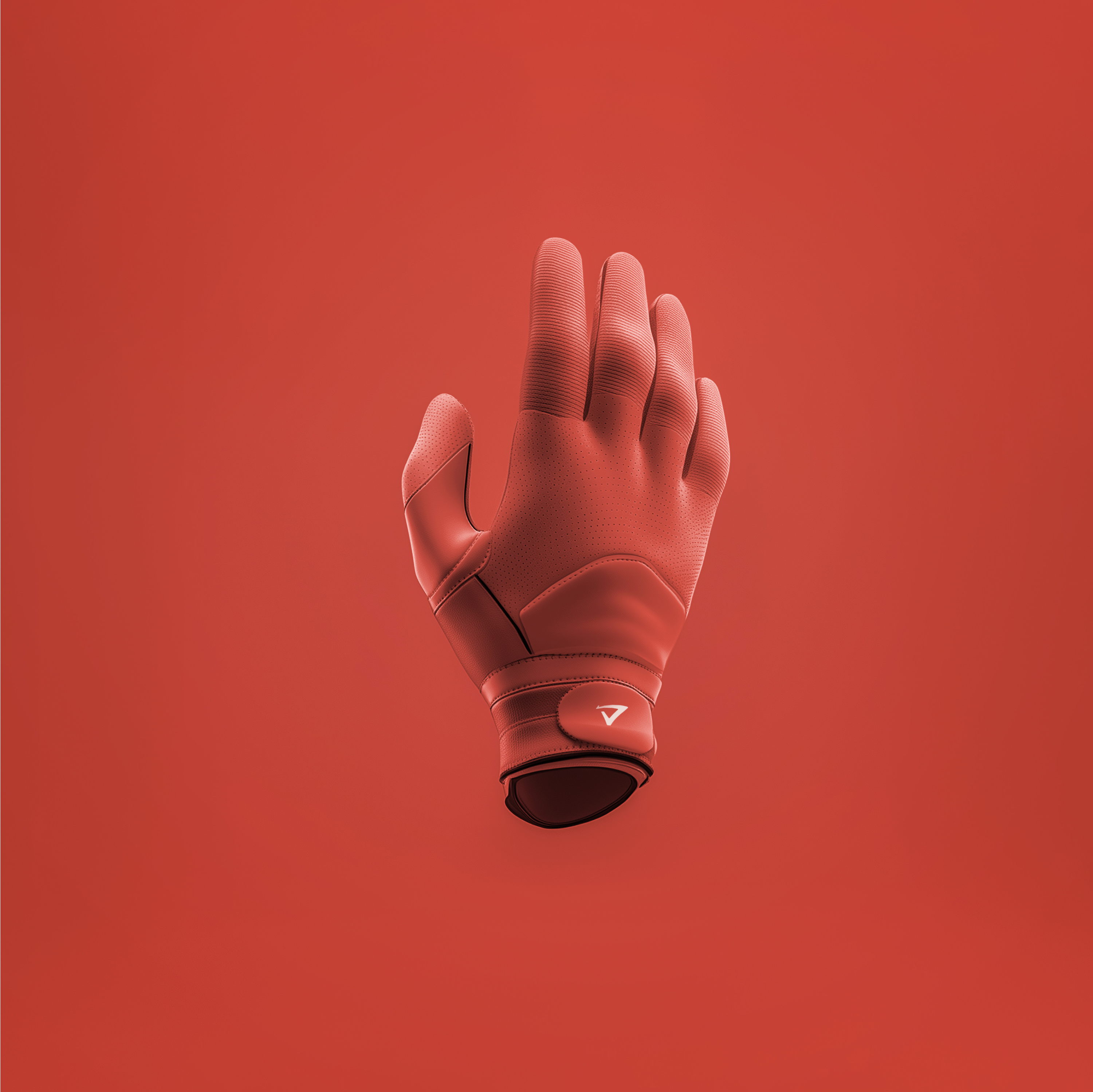 a red glove with the letter v on it