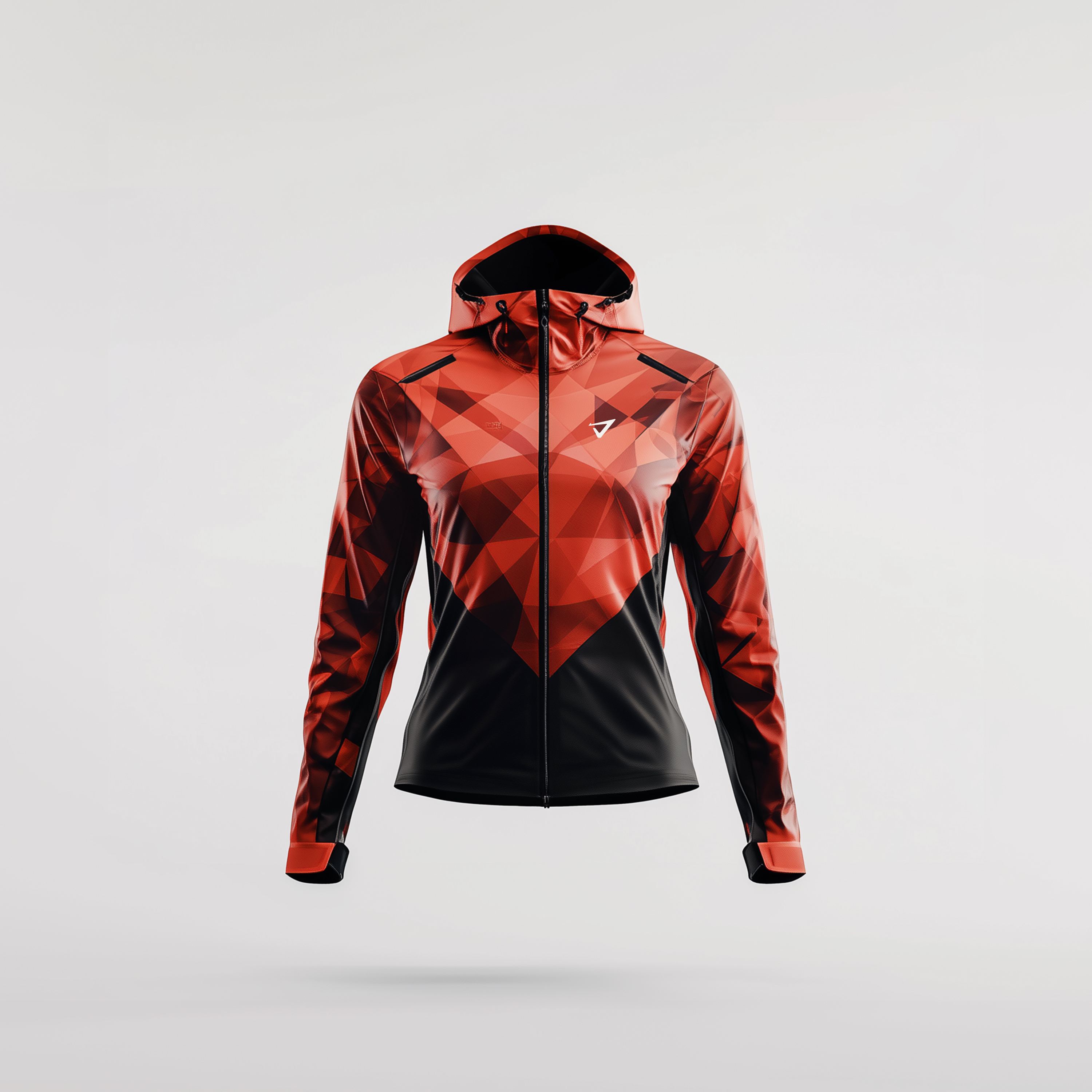 a red and black jacket with a hood on a white background