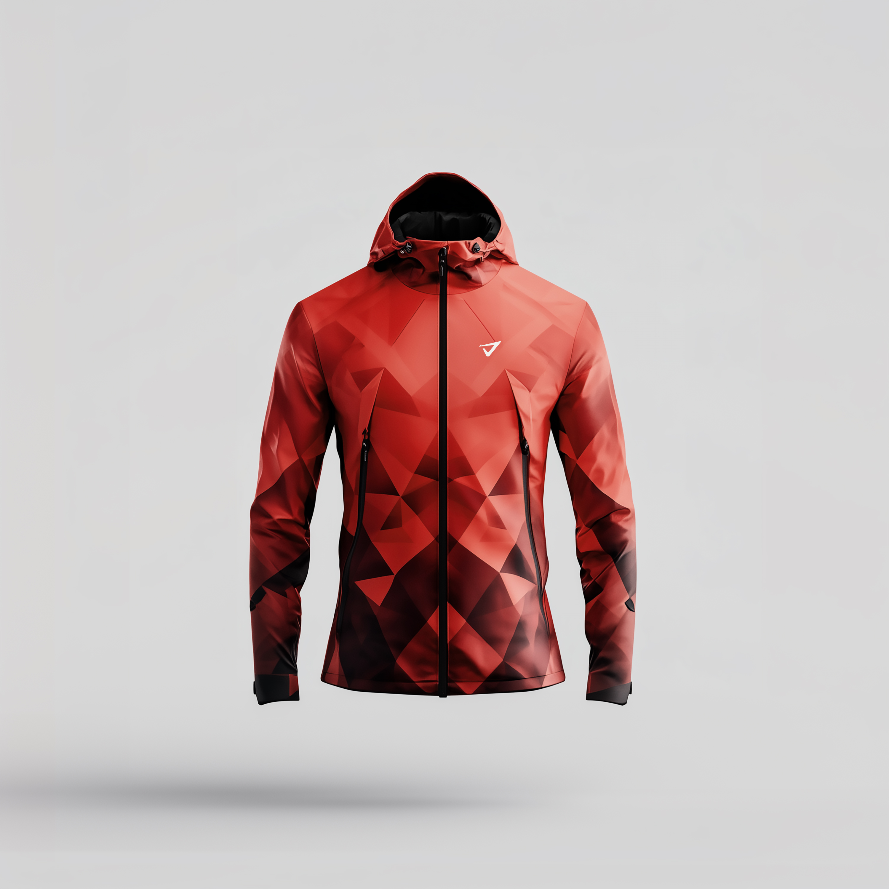 a black and white jacket with a geometric pattern on it