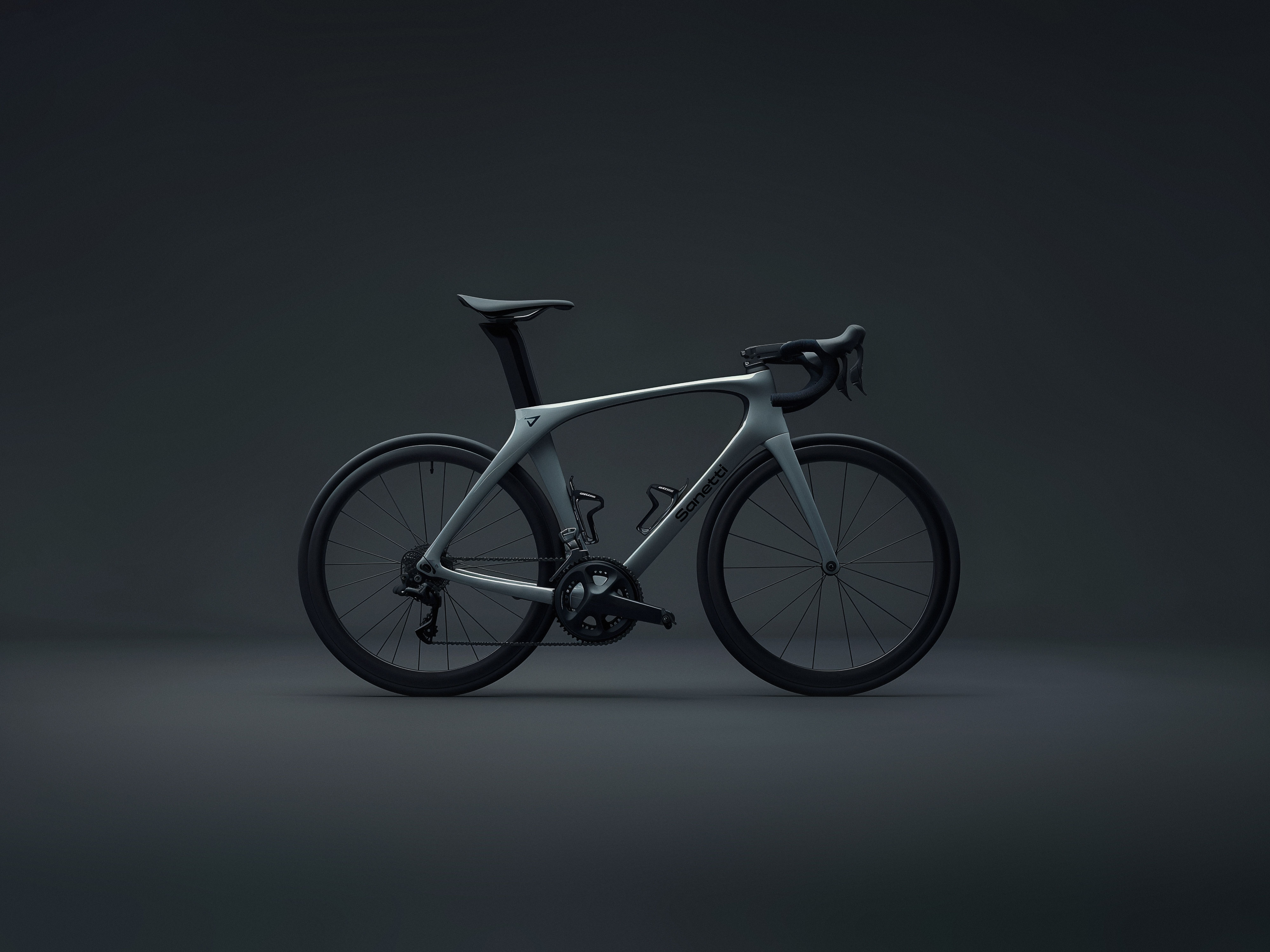 a black bicycle is parked on a dark background .