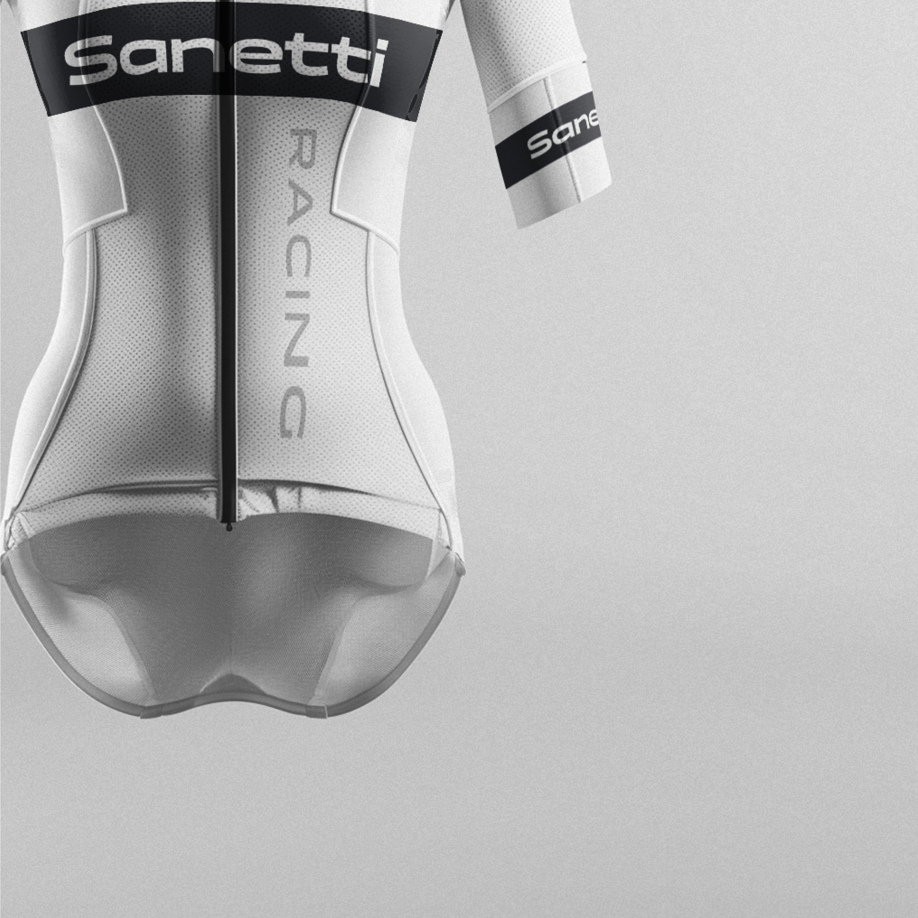 the back of a white sanetti racing shirt