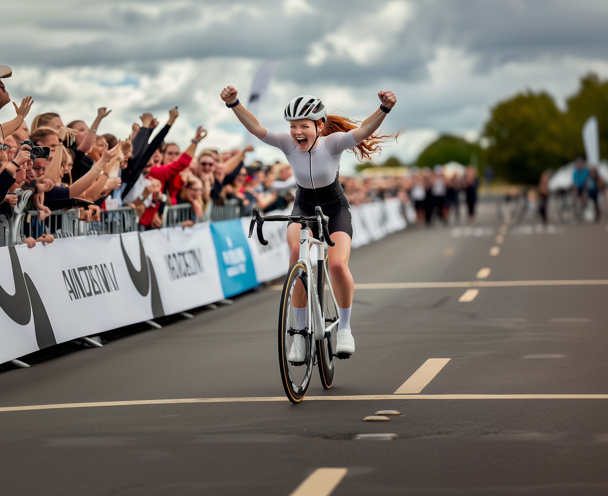 a woman is riding a bike down a road in front of a crowd .