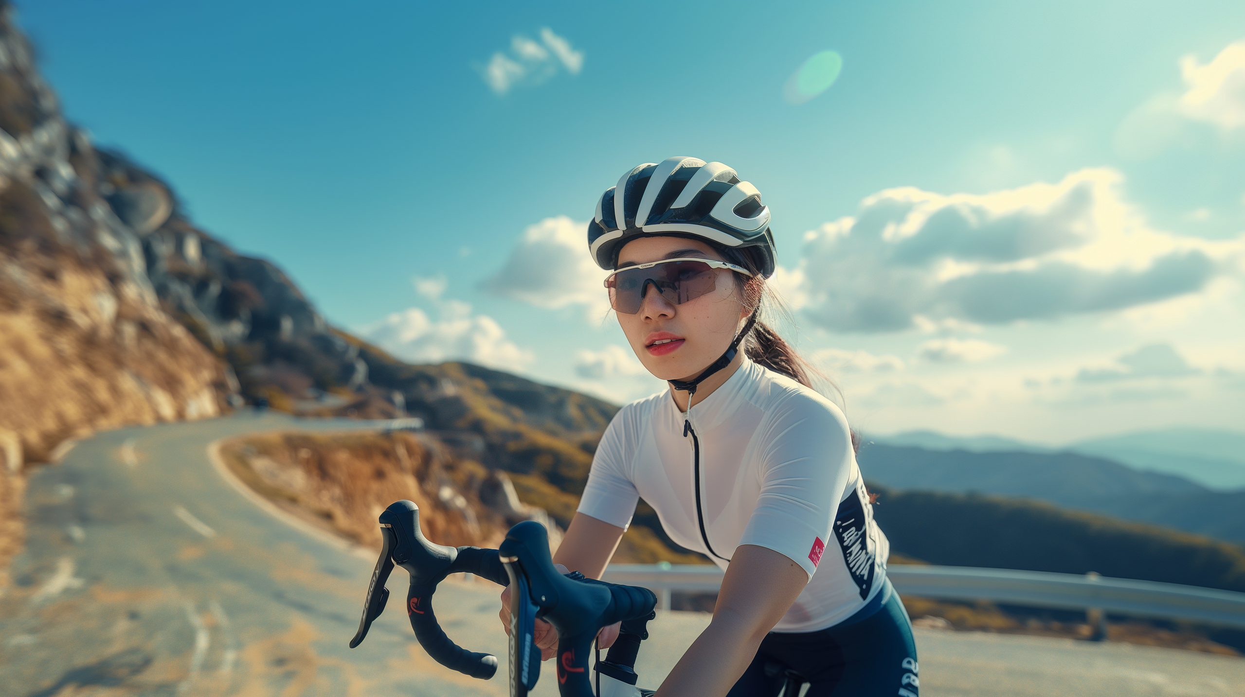 a woman wearing a helmet and sunglasses is riding a bike