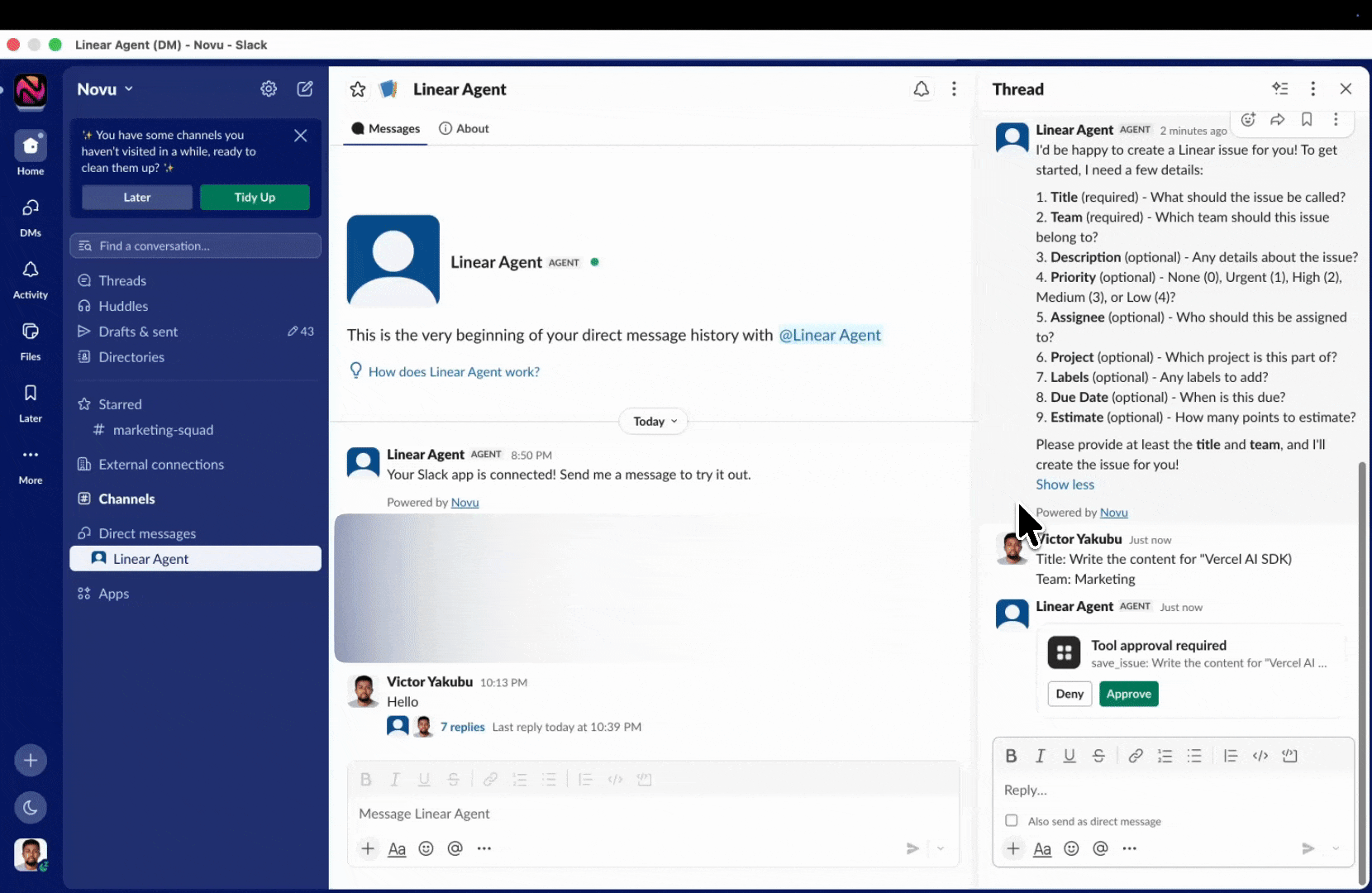 Slack thread where the Linear Agent asks for tool approval before creating an issue, showing Deny and Approve buttons