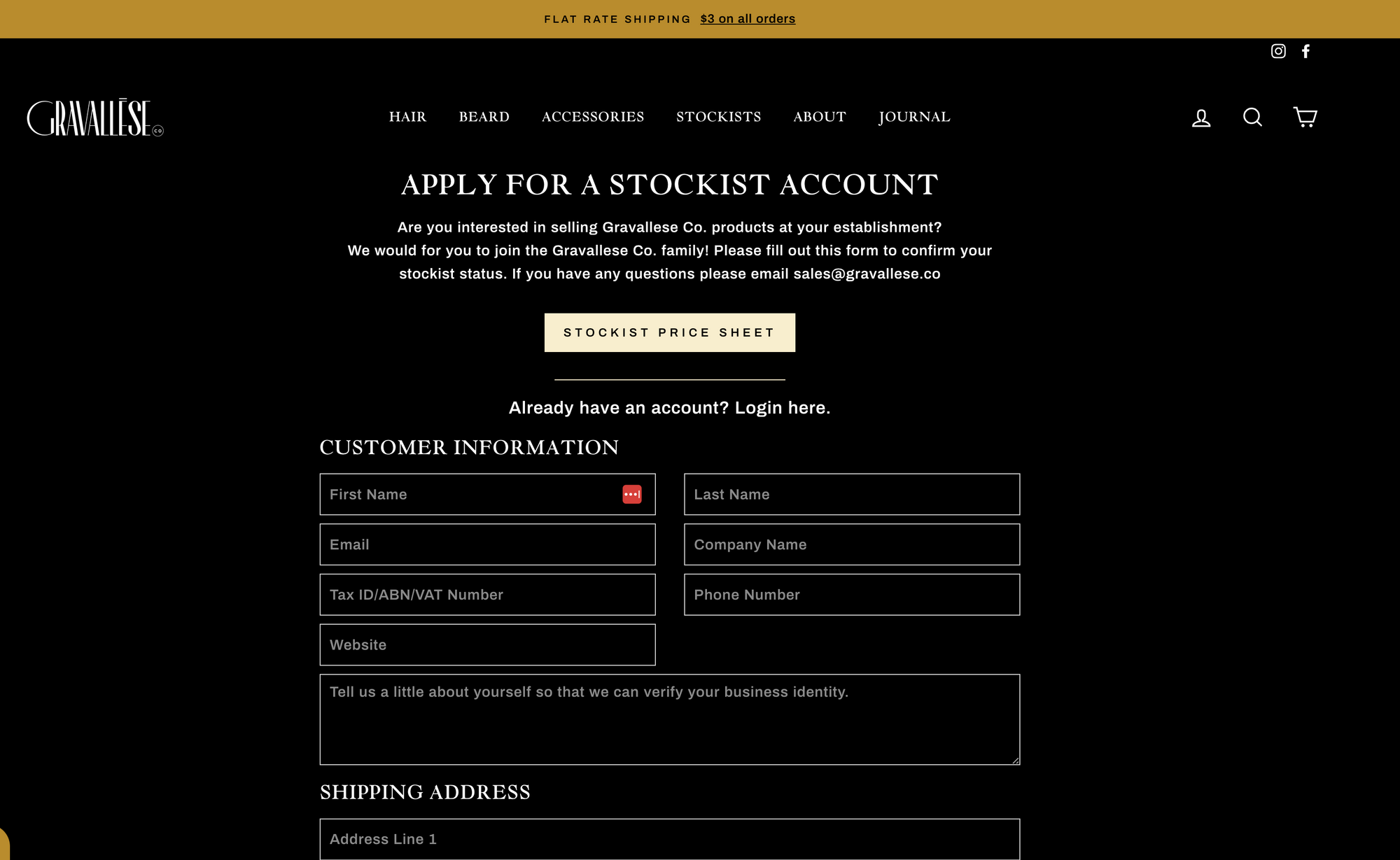 Wholesale Account login for Gravallese co.