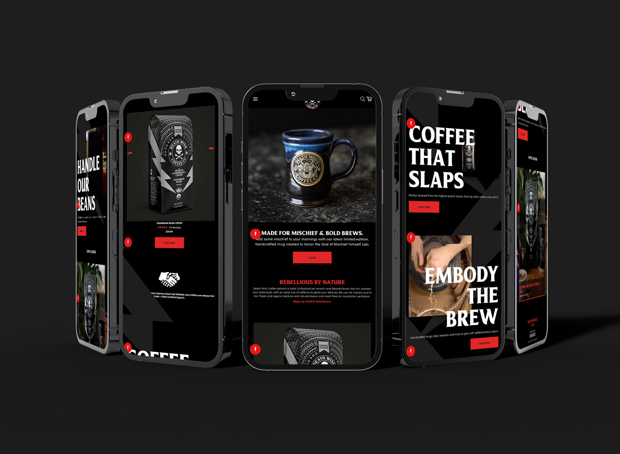 Phone mockups of deathwish coffees website by commence studio