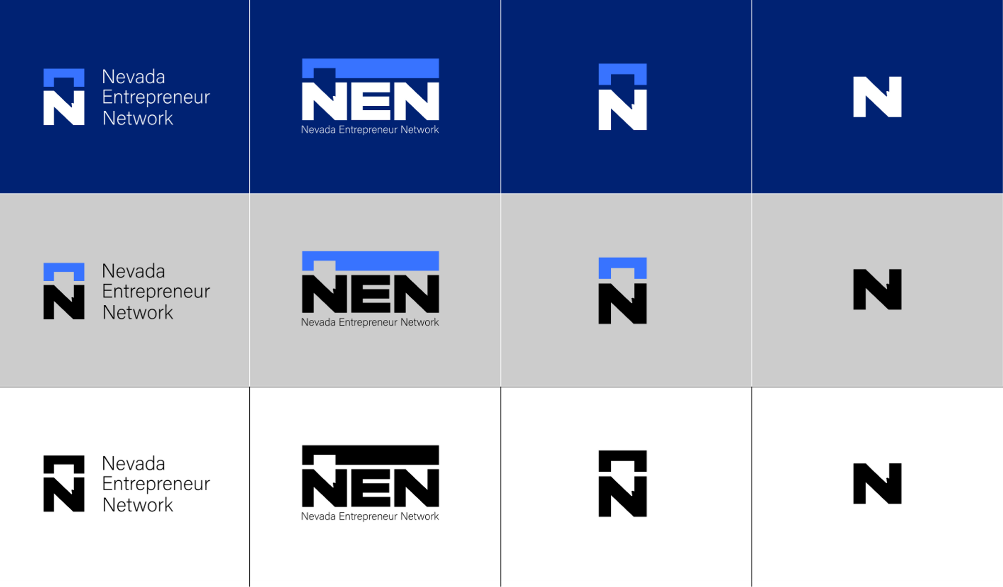 Grid of NEN logos in blue, grey and white background