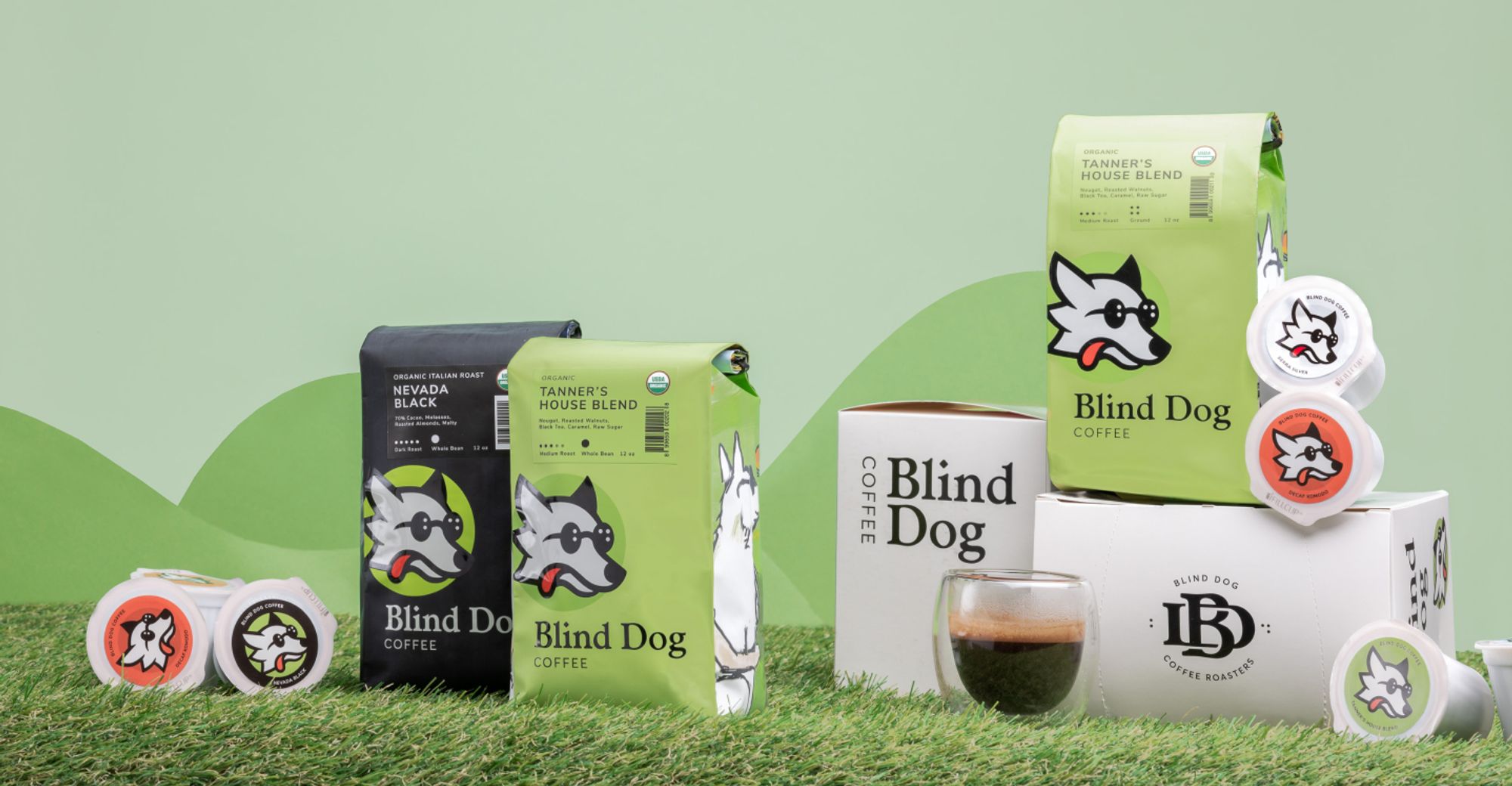 White dog with glasses looking over the hills at Tanner's House Blend from Blind Dog Coffee
