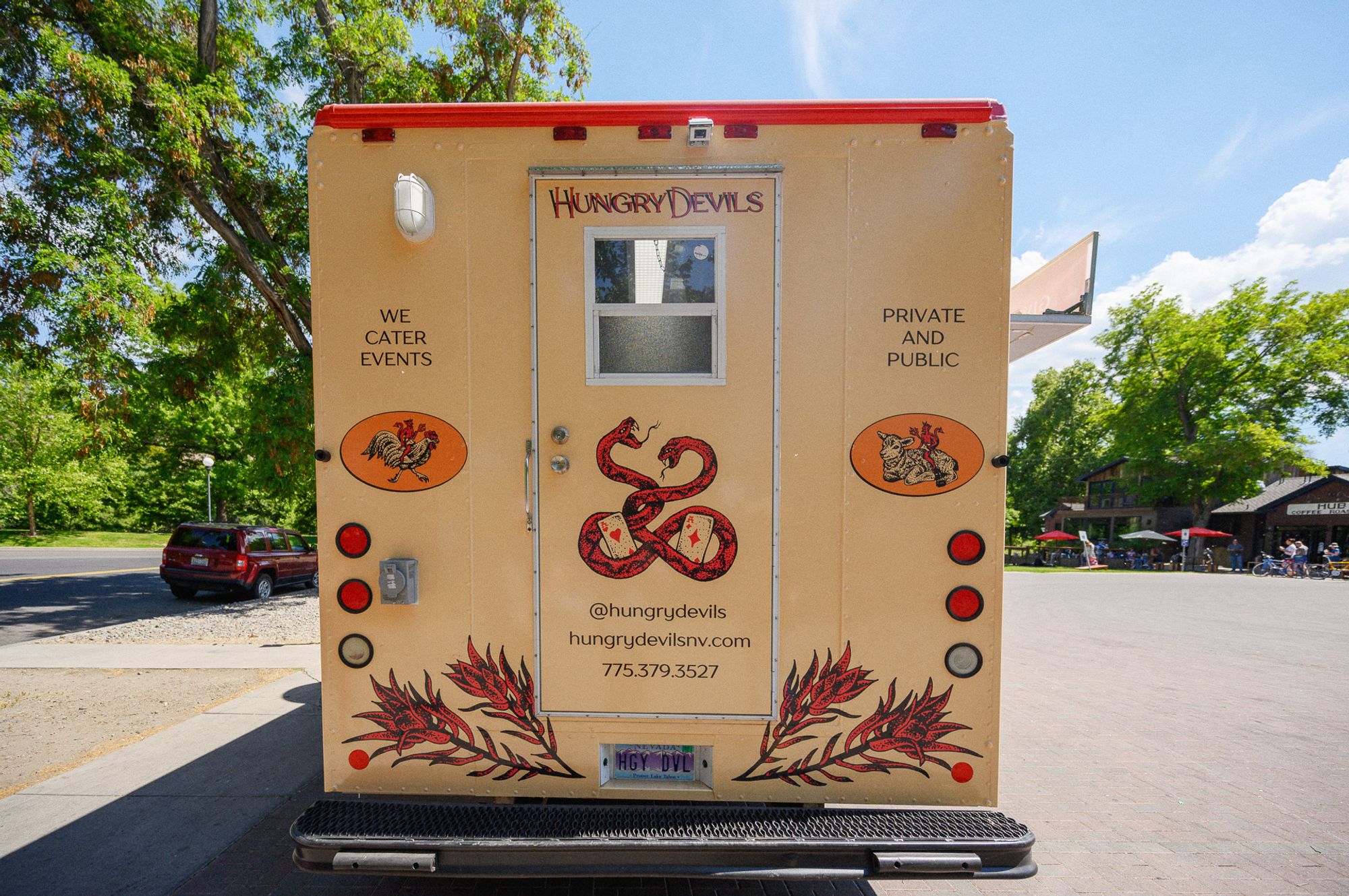 Back door of the Hungry Devils Food Truck