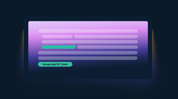 A minimalist preview of the redesigned agentic QA interface featuring a teal 'Accept and fix 1 issue' button and highlighted text lines, designed to accelerate localization review workflows.