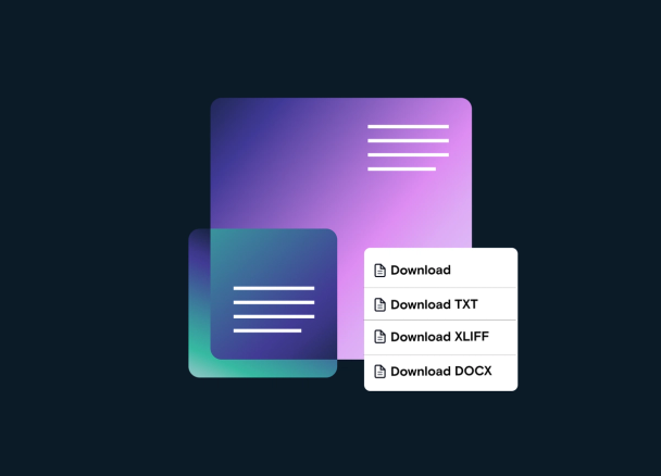 An abstract document icon showing a dropdown menu with file export options, including Download TXT, Download XLIFF, and Download DOCX for flexible PDF translation management.