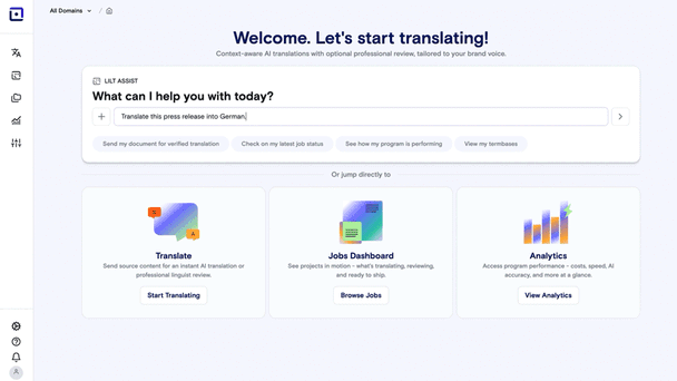 Animated demonstration of LILT Assist showing real-time AI translation suggestions and human verification within a single, unified interface.