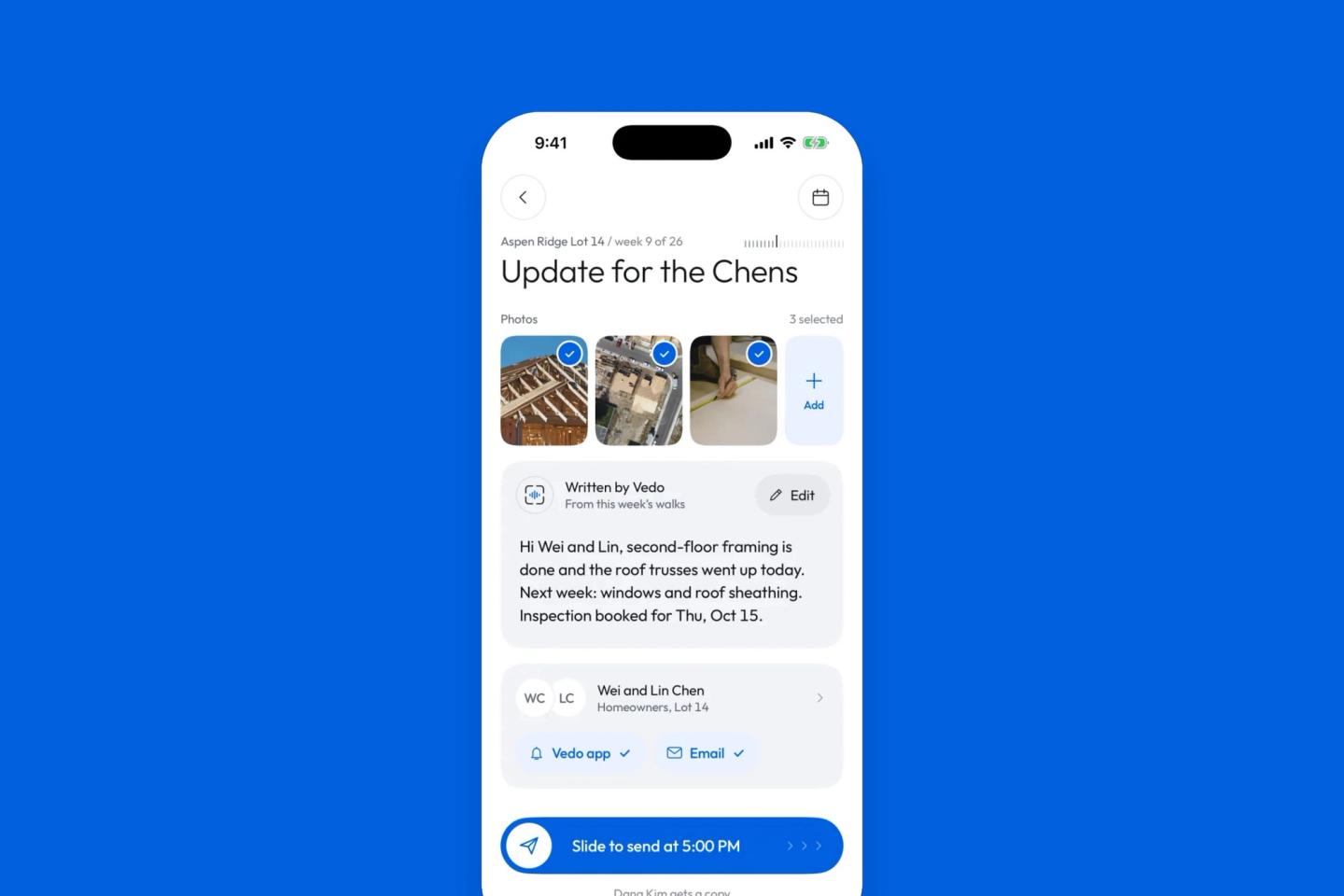 The Vedo app screen for a weekly homeowner update: three selected photos, the text Vedo drafted from the week's walks, the homeowners' names and the button to send at 5:00 PM.